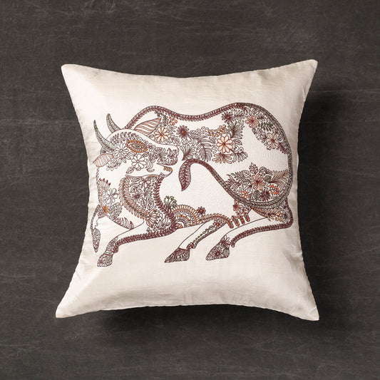 White - Cow - Kantha Embroidery Handloom Silk Cushion Cover (16 x 16 in)