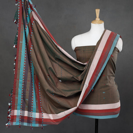 Brown - 3pc Kutch Bhujodi Weave Handloom Fine Cotton Suit Material Set