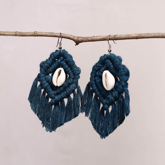 Thread & Seashell Work Handmade Macrame Earrings