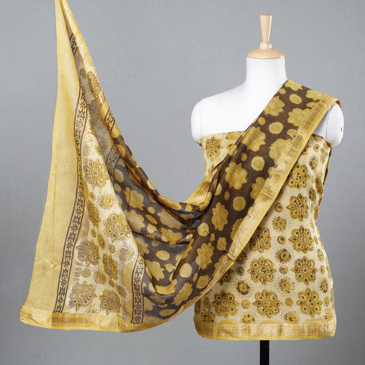 Yellow - 2pc Bagru Ajrakh Dabu Block Printed Maheshwari Silk Suit Material Set with Zari Border