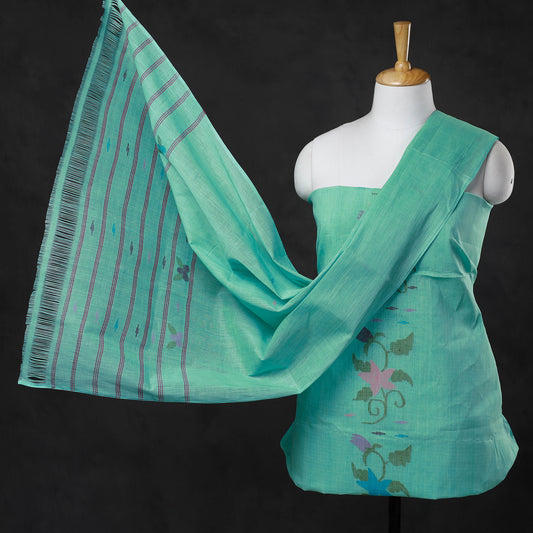 Green - 3pc Manipuri Weave Handloom Cotton Suit Material Set