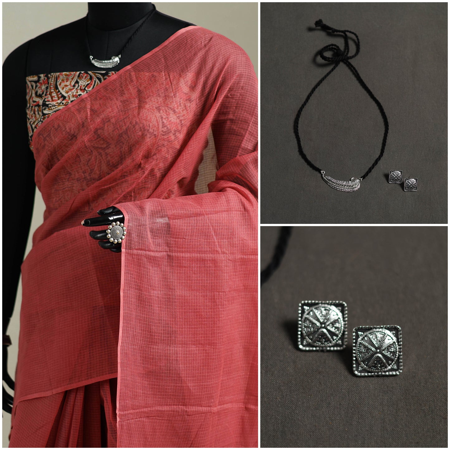 Red - Nazaakat Kota Doria Cotton Plain Saree with Blouse & Jewellery Set 60