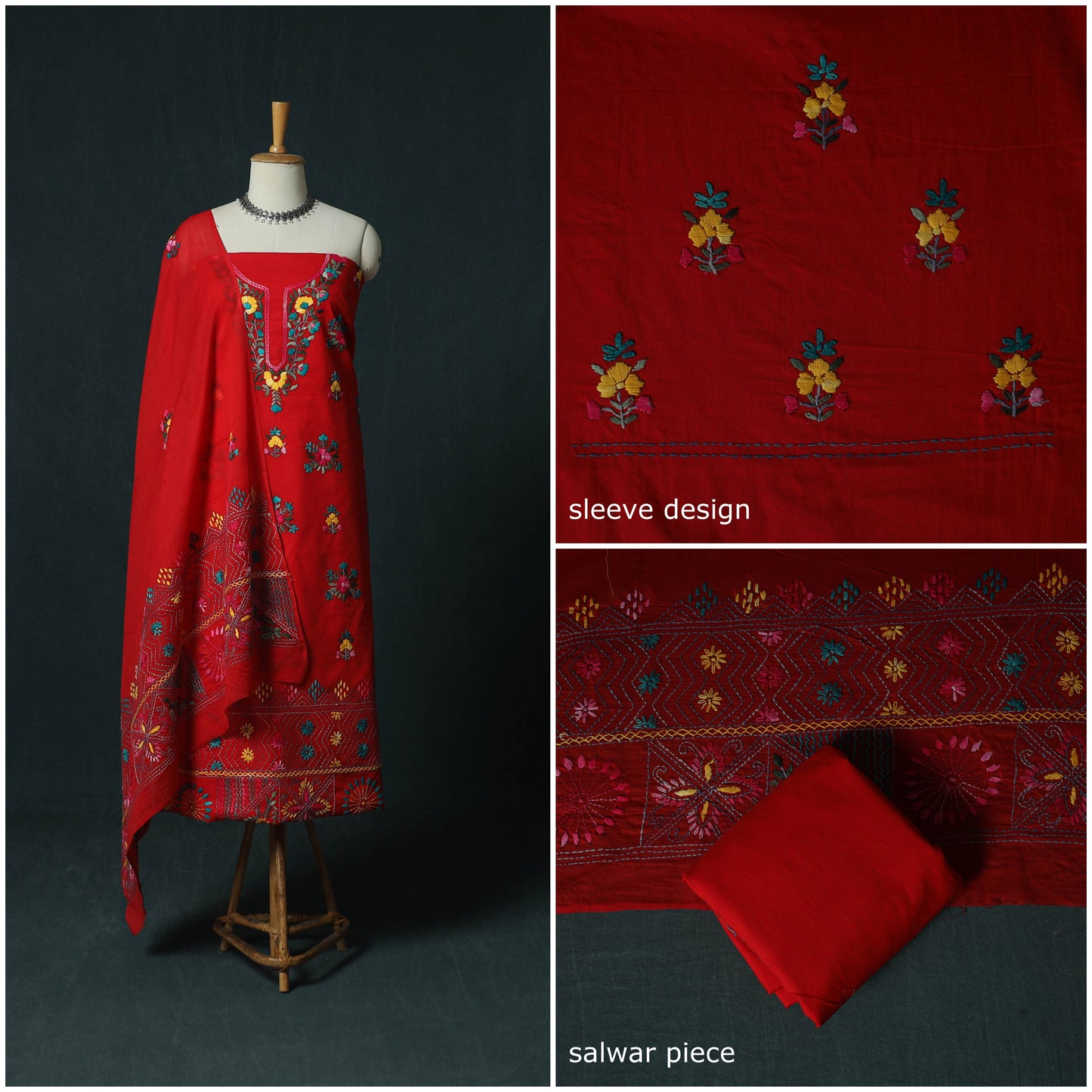 Red - Hand Embroidered Cotton 3pc Unstitched Dress Material 62