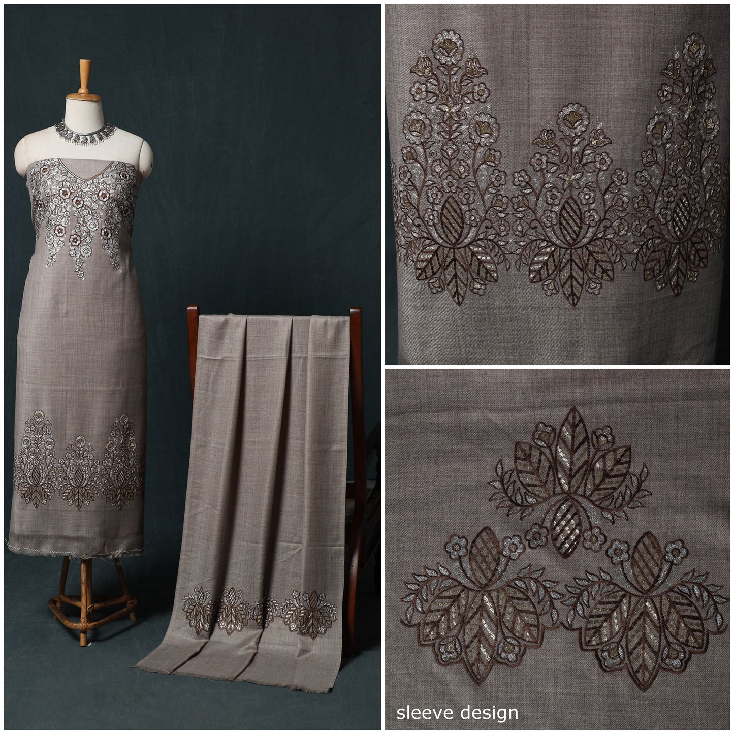 3pc Heavy Chain Stitch Embroidered Wool Unstitched Dress Material Suit Set 34
