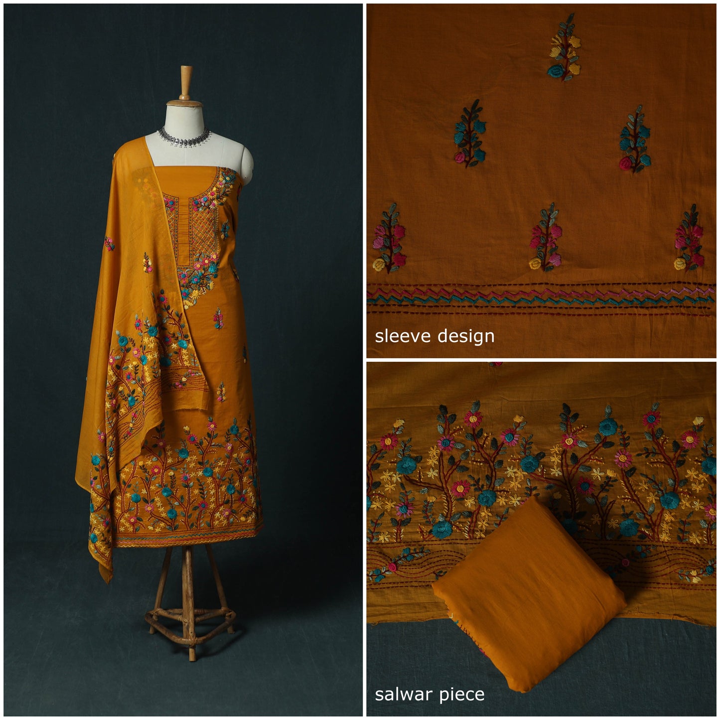 Orange - Hand Embroidered Cotton 3pc Unstitched Dress Material 64