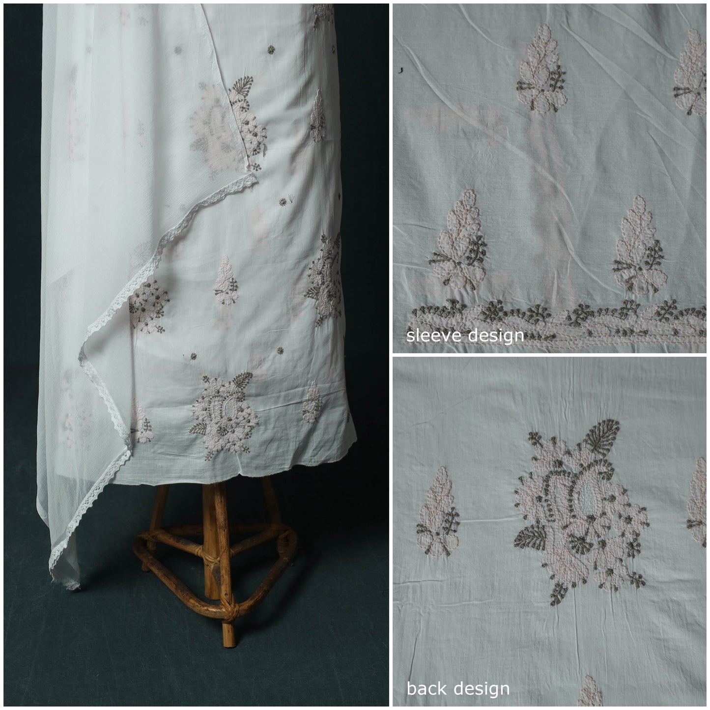 White - Lucknowi Chikankari Hand Embroidered Mul Cotton 3pc Unstitched Dress Material Suit Set 34