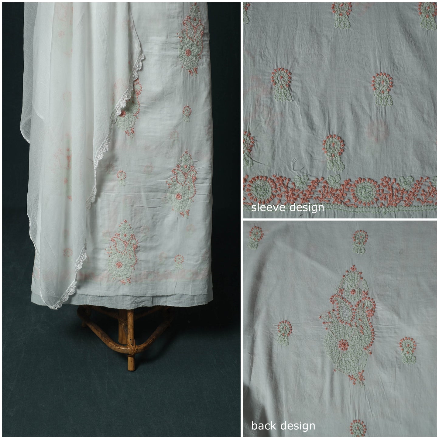 White - Lucknowi Chikankari Hand Embroidered Mul Cotton 3pc Unstitched Dress Material Suit Set 35