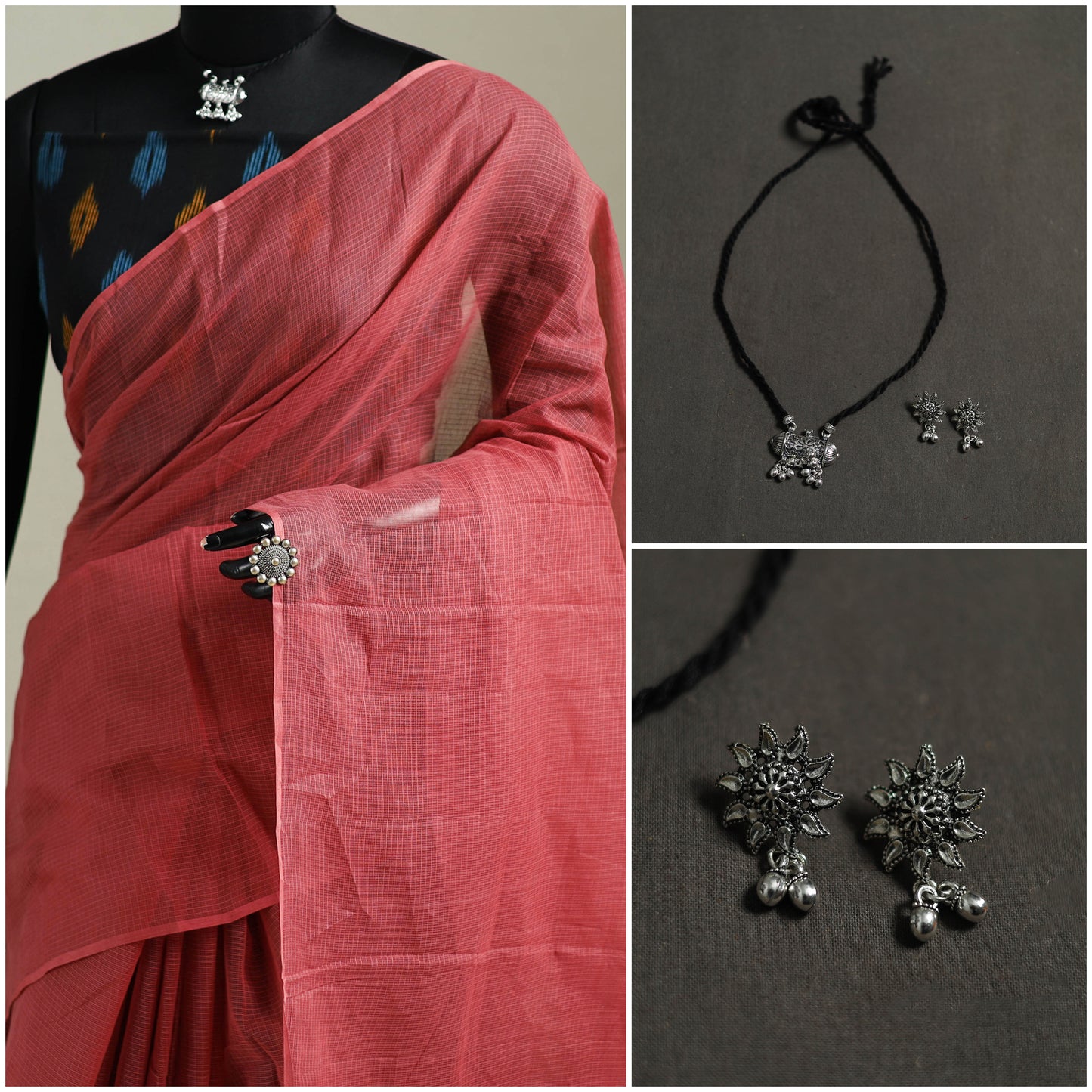 Red - Nazaakat Kota Doria Cotton Plain Saree with Blouse & Jewellery Set 64
