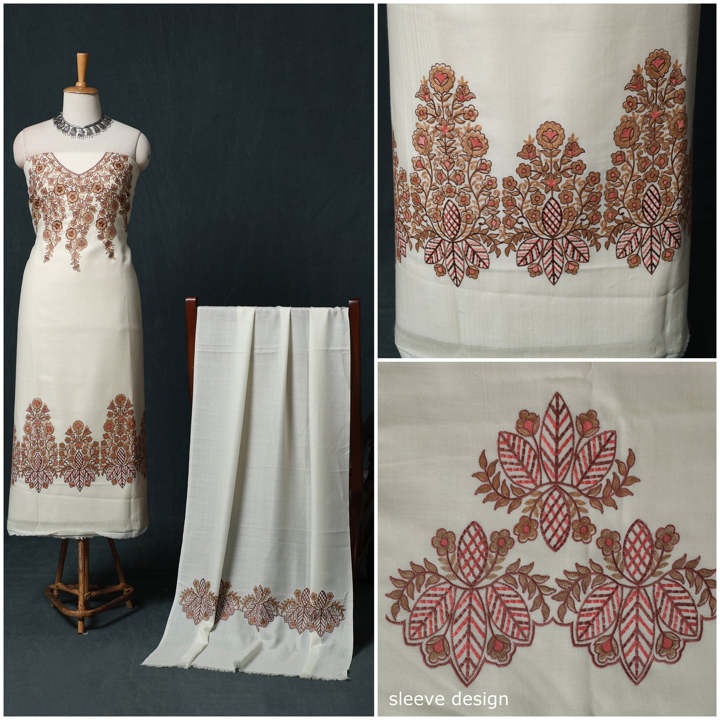 3pc Heavy Chain Stitch Embroidered Wool Unstitched Dress Material Suit Set 36