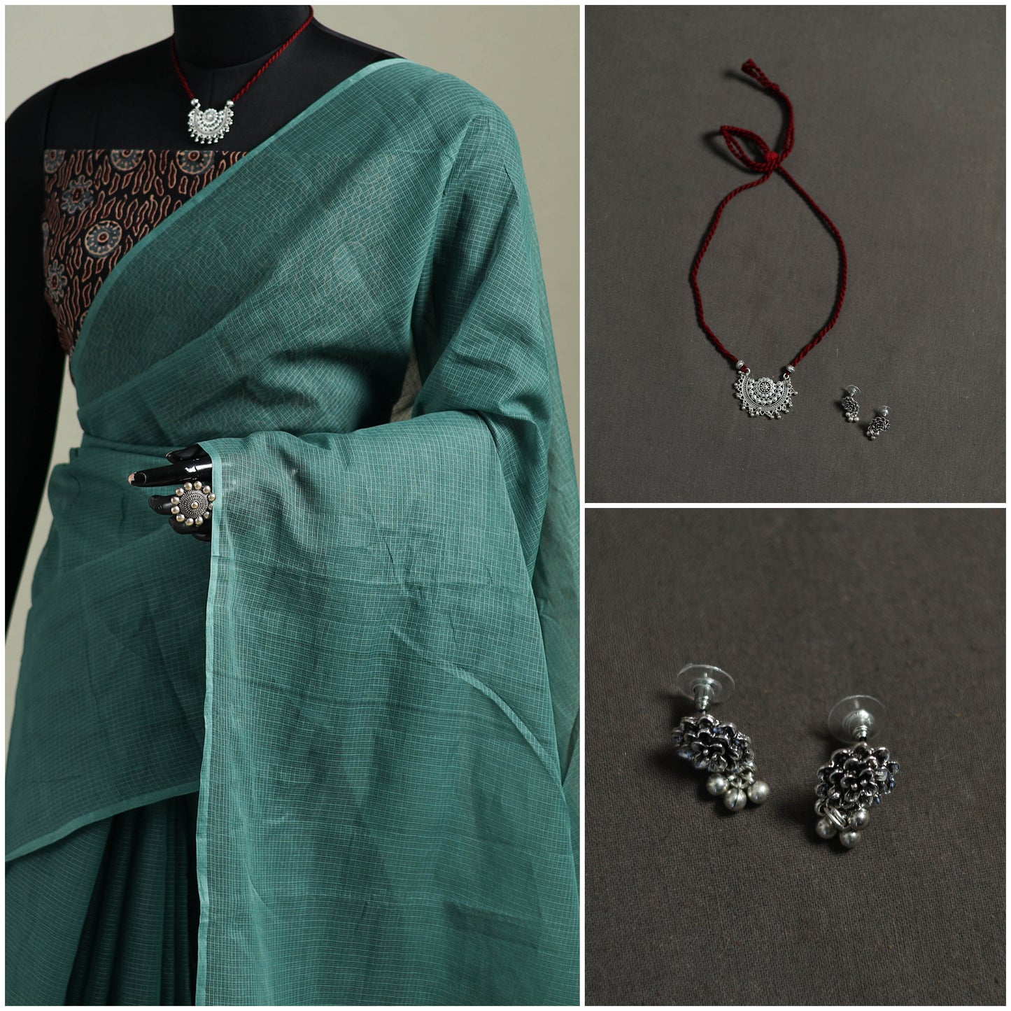 Green - Nazaakat Kota Doria Cotton Plain Saree with Blouse & Jewellery Set 65