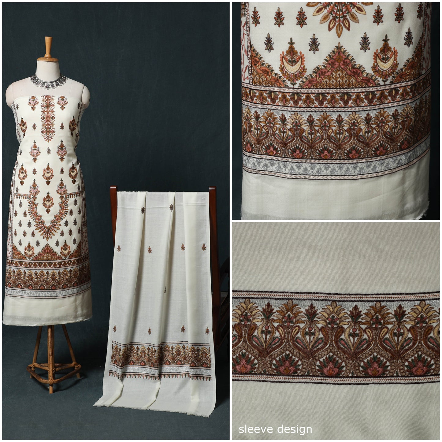 3pc Heavy Chain Stitch Embroidered Wool Unstitched Dress Material Suit Set 37