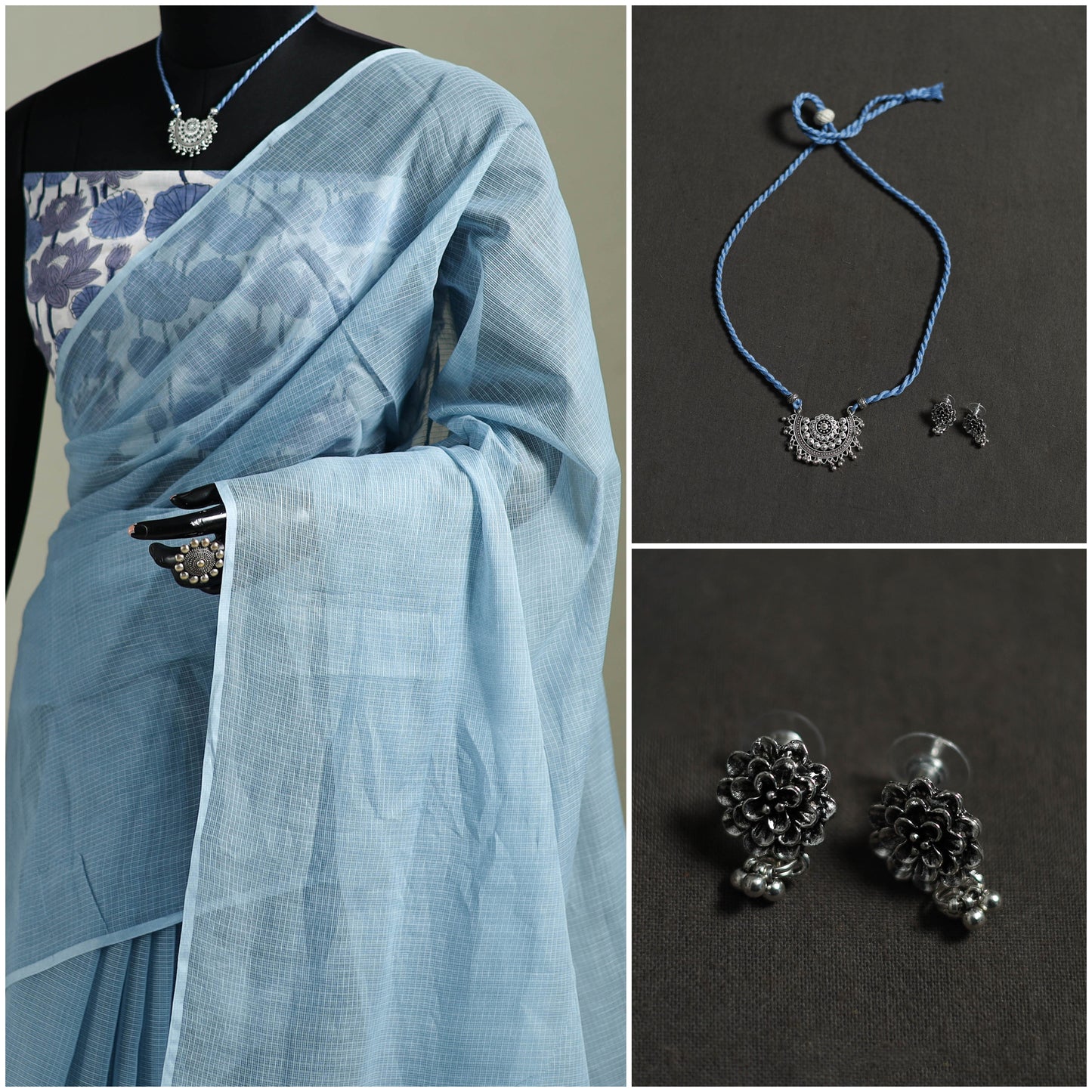 Blue - Nazaakat Kota Doria Cotton Plain Saree with Blouse & Jewellery Set 66