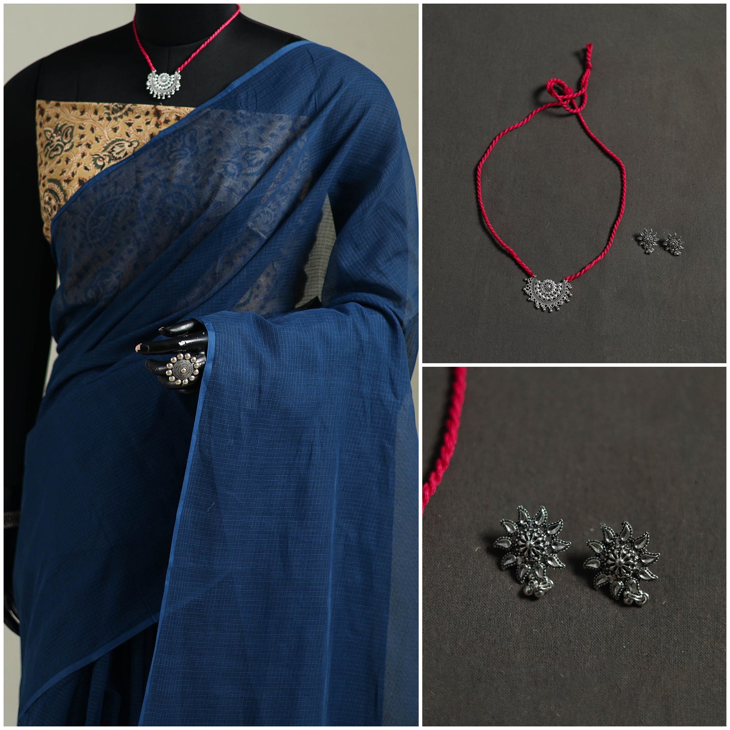 Blue - Nazaakat Kota Doria Cotton Plain Saree with Blouse & Jewellery Set 67