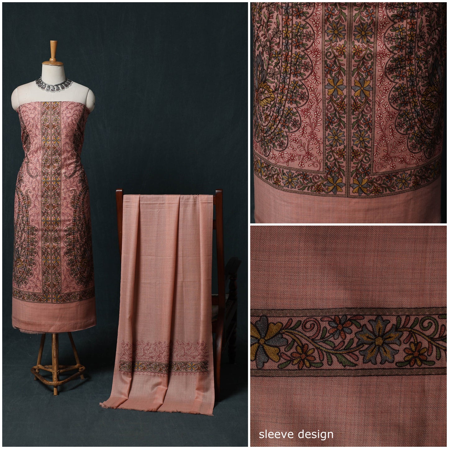 3pc Heavy Chain Stitch Embroidered Wool Unstitched Dress Material Suit Set 83