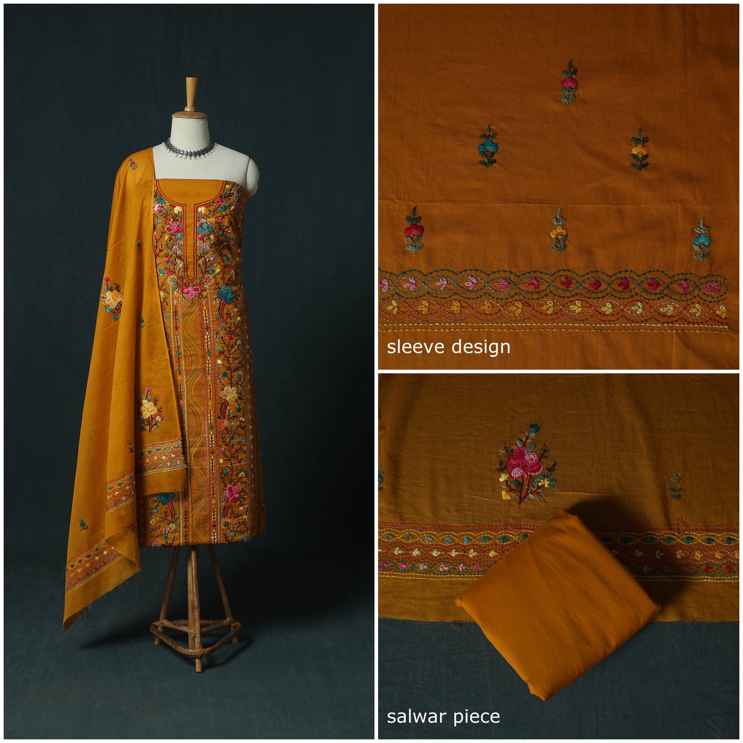 Orange - Hand Embroidered Cotton 3pc Unstitched Dress Material 69