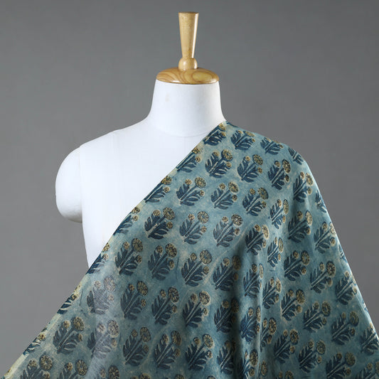 Green - Bagru Dabu Block Printed Natural Dyed Chanderi Silk Fabric 06