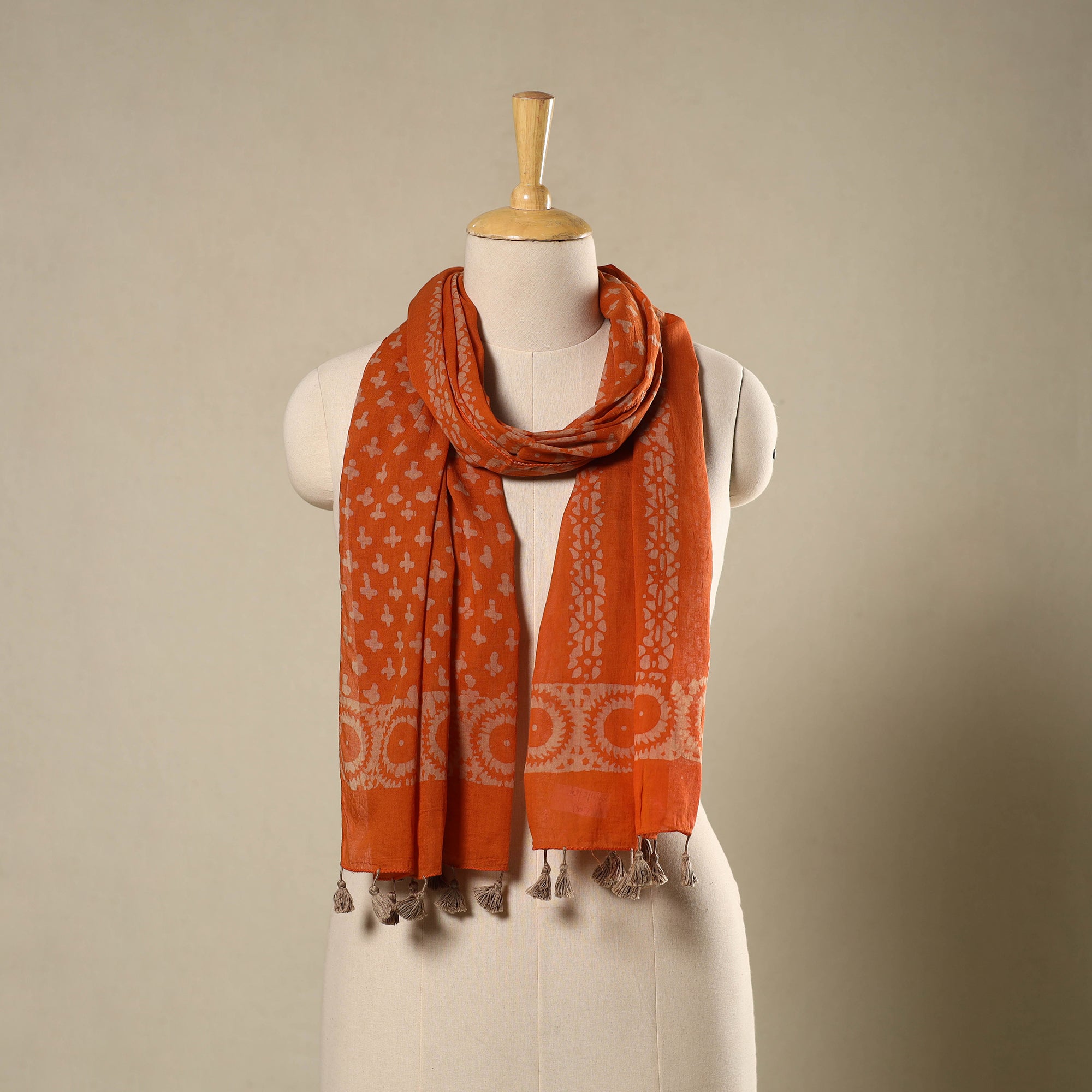Pink - Mul Cotton Hand Batik Print Stole with Tassels 67