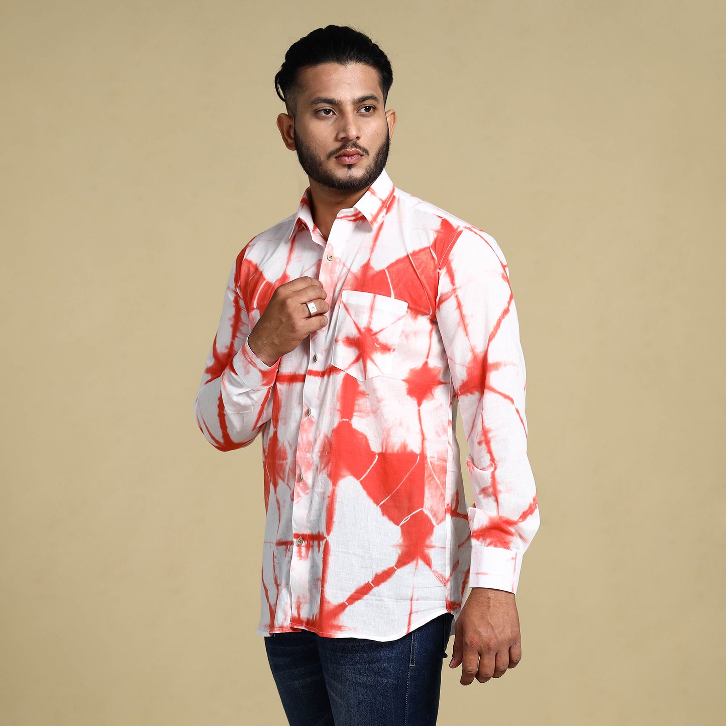 Orange - Shibori Tie-Dye Cotton Men Full Sleeve Shirt