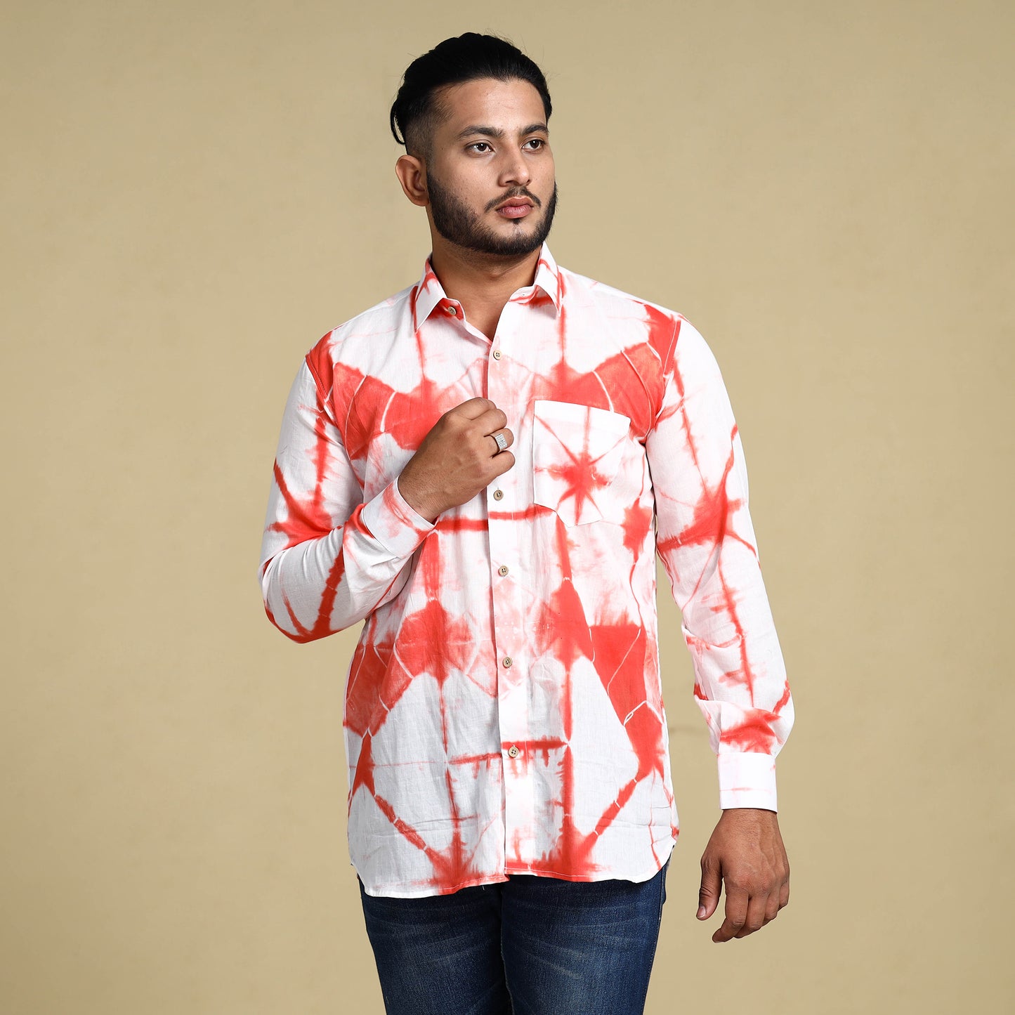 Orange - Shibori Tie-Dye Cotton Men Full Sleeve Shirt