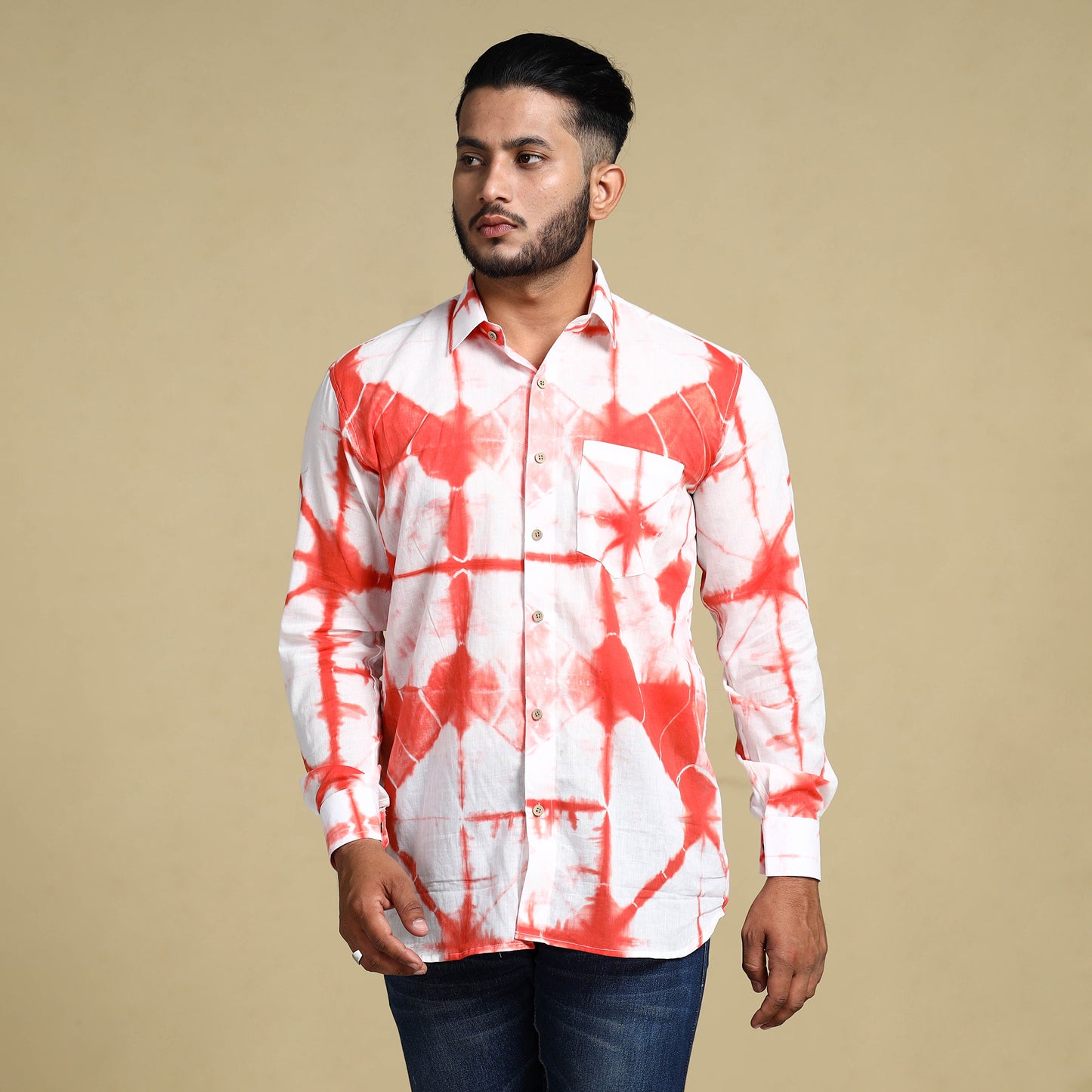 Orange - Shibori Tie-Dye Cotton Men Full Sleeve Shirt