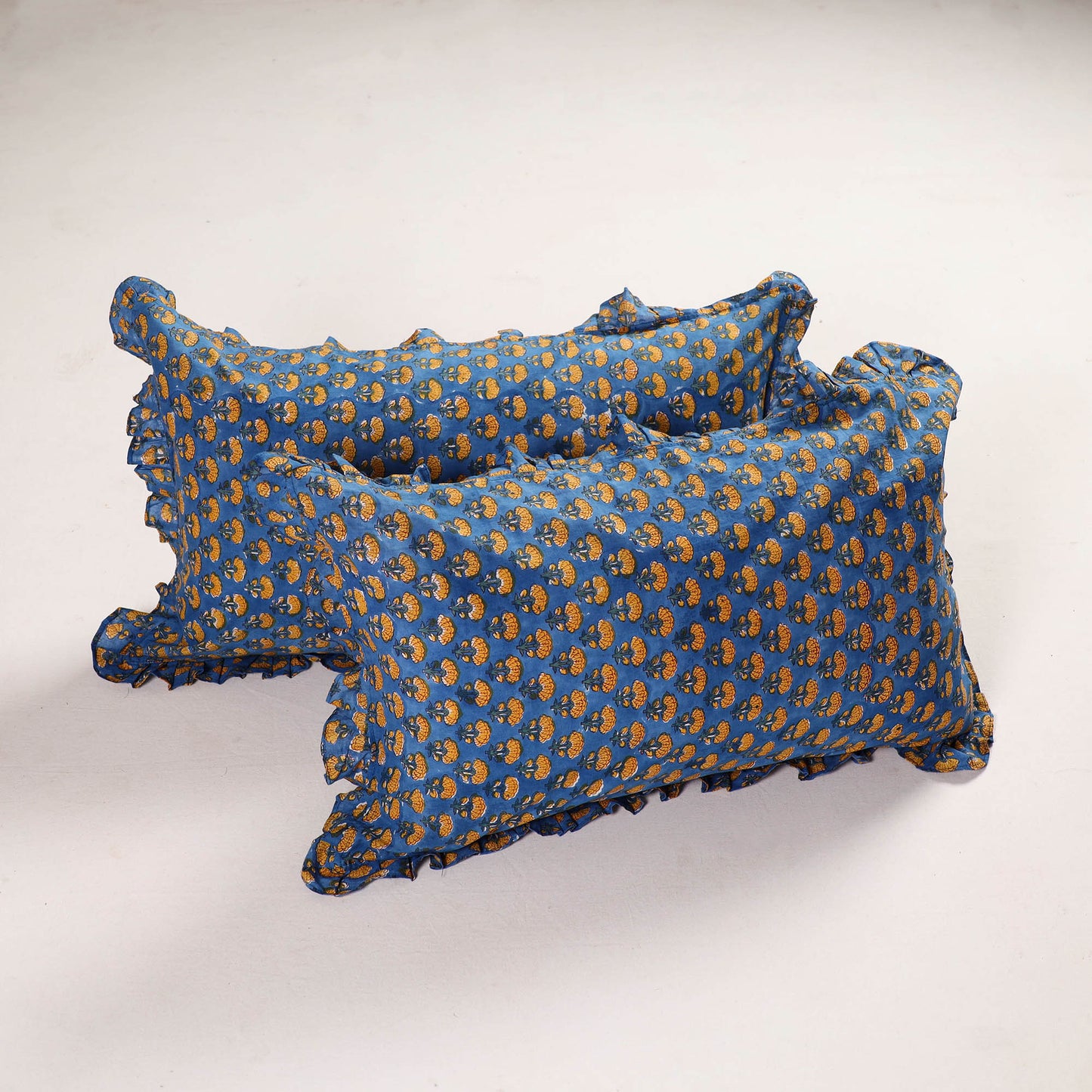 Blue - set of 2 sanganeri cotton frill pillow covers 12