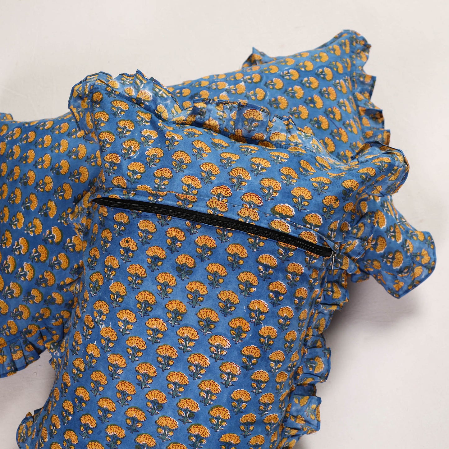 Blue - set of 2 sanganeri cotton frill pillow covers 12