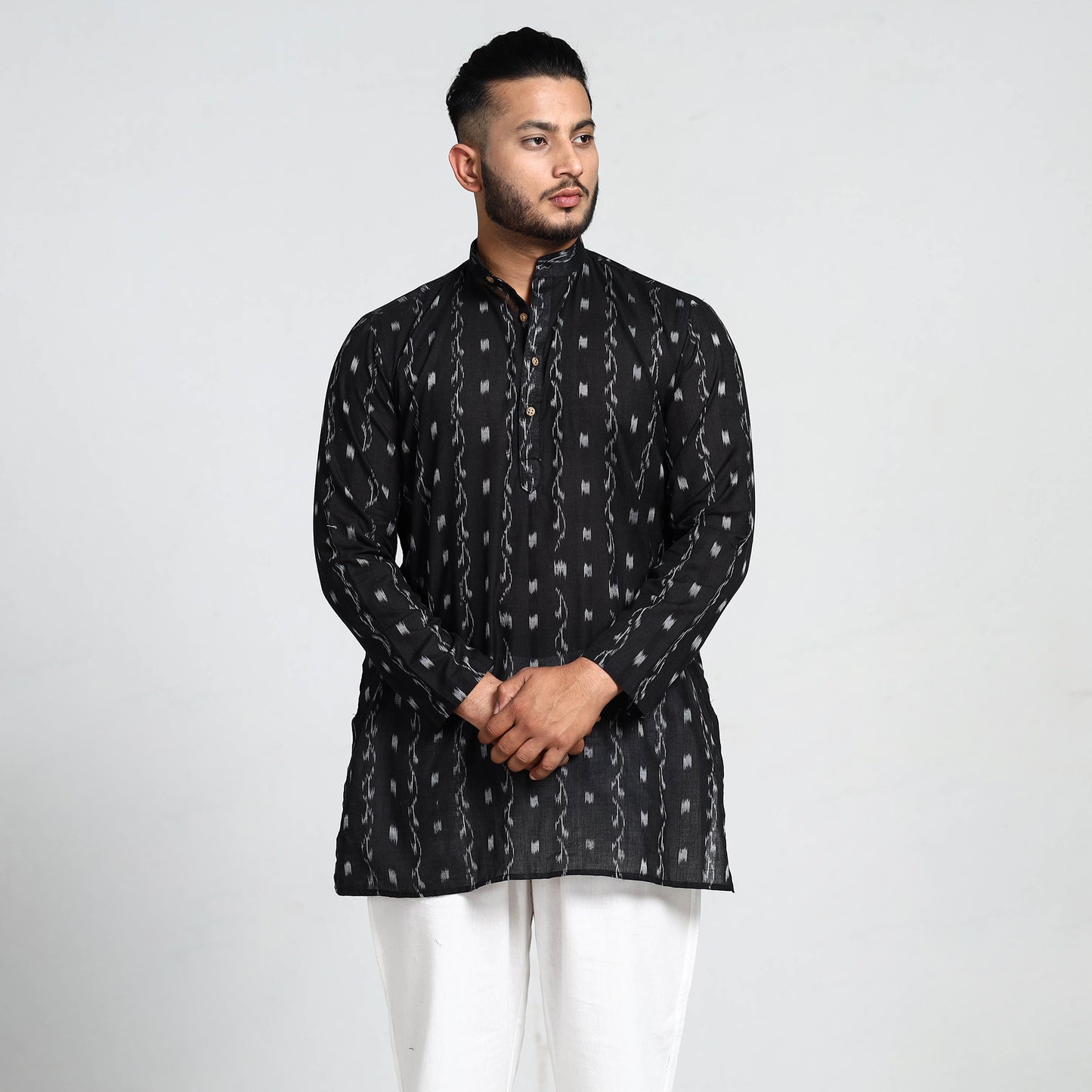 Black - Sambalpuri Ikat Weave Cotton Men Short Kurta