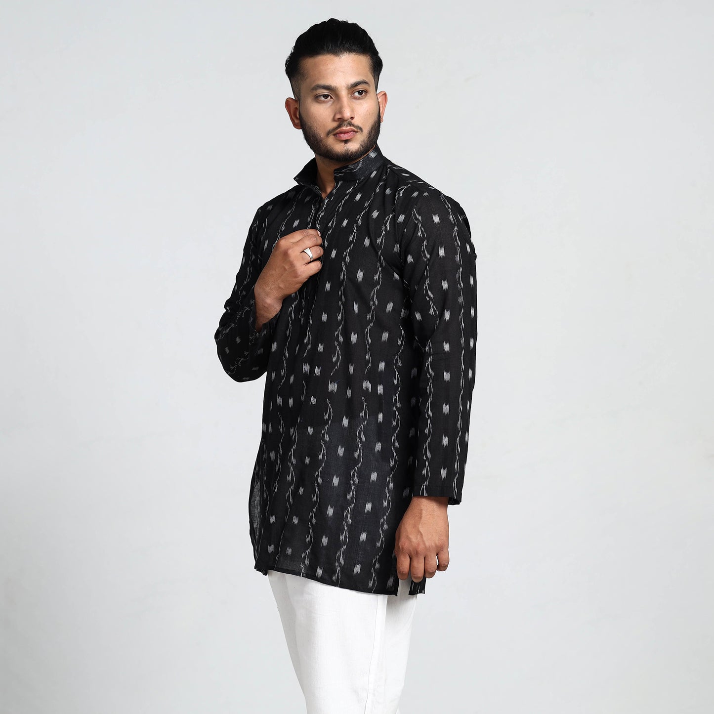 Black - Sambalpuri Ikat Weave Cotton Men Short Kurta