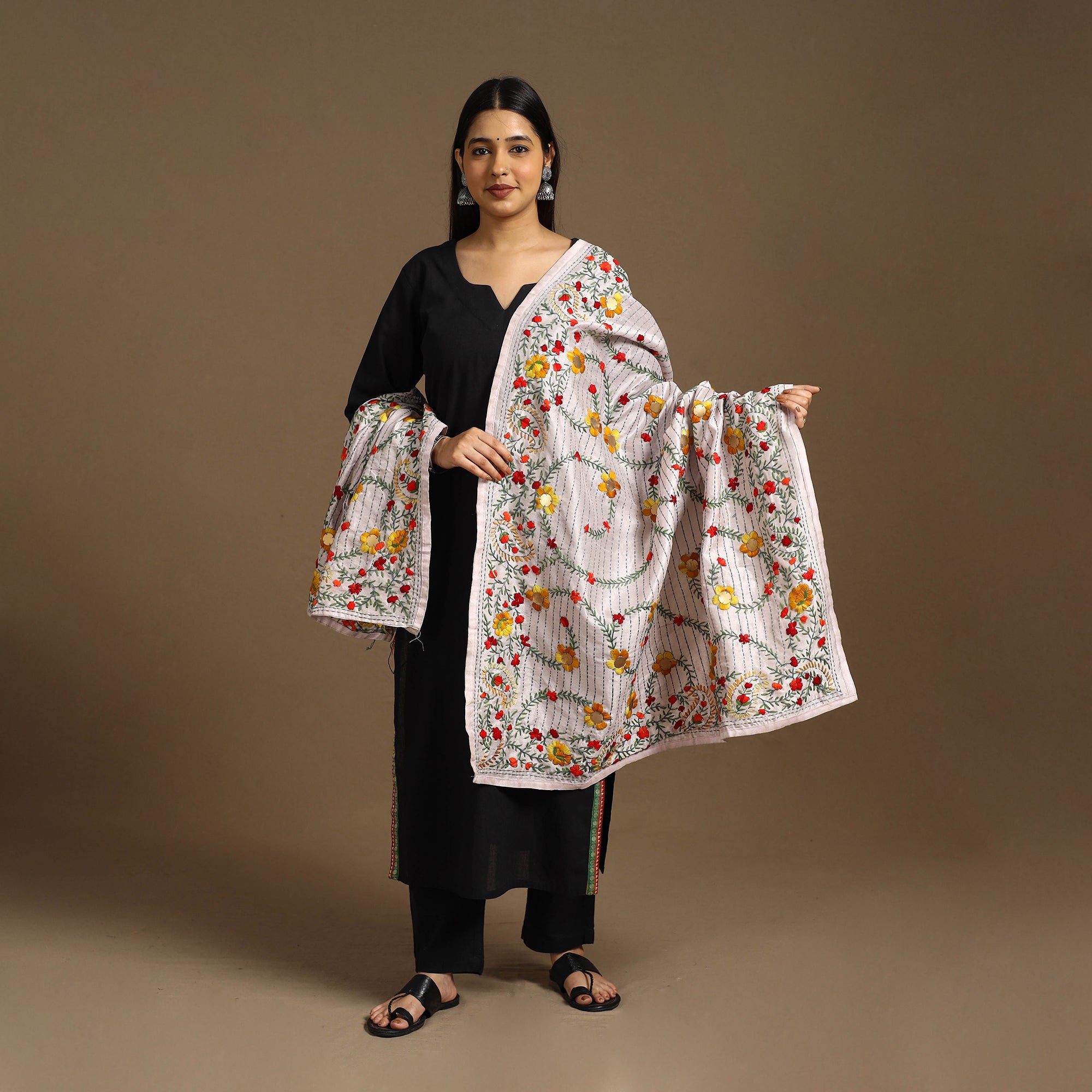 Red - Ranihati Chanderi Silk Zig Zag Hand Embroidery Dupatta 22