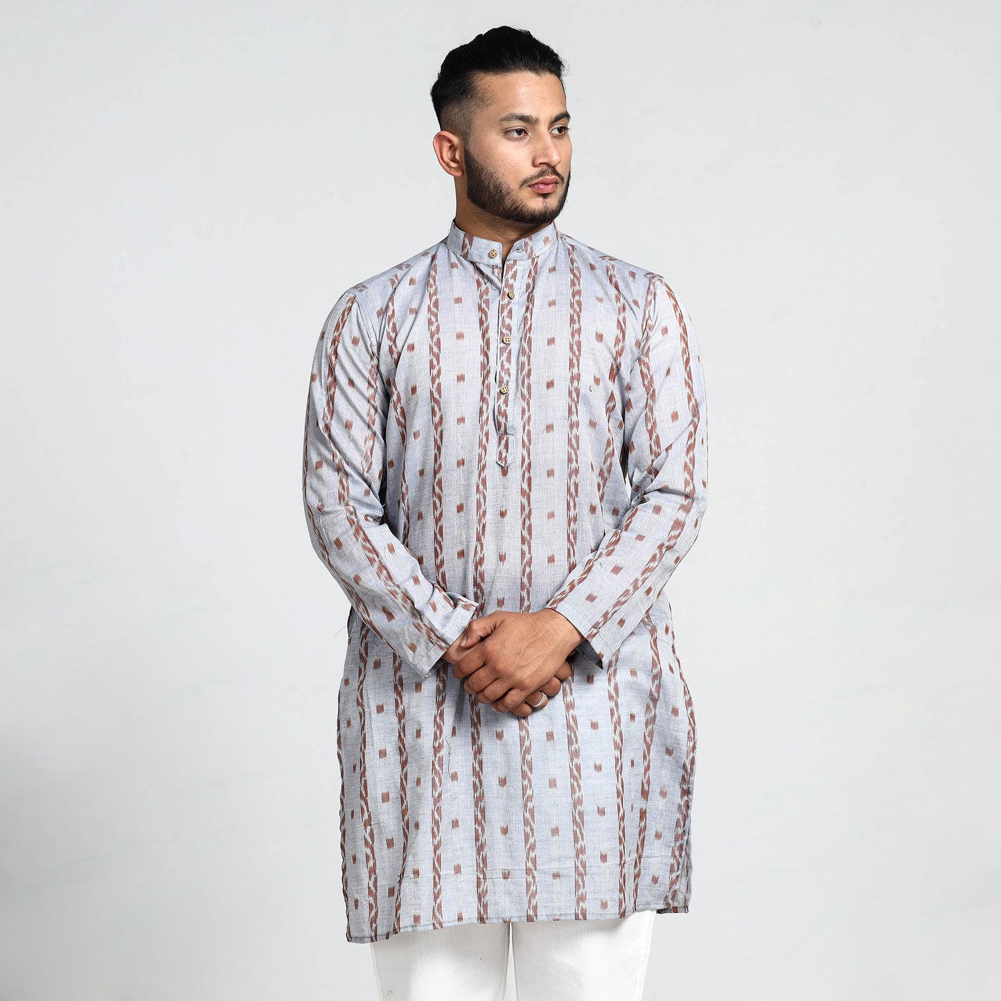 Light Grey - Sambalpuri Ikat Weave Cotton Men Long Kurta