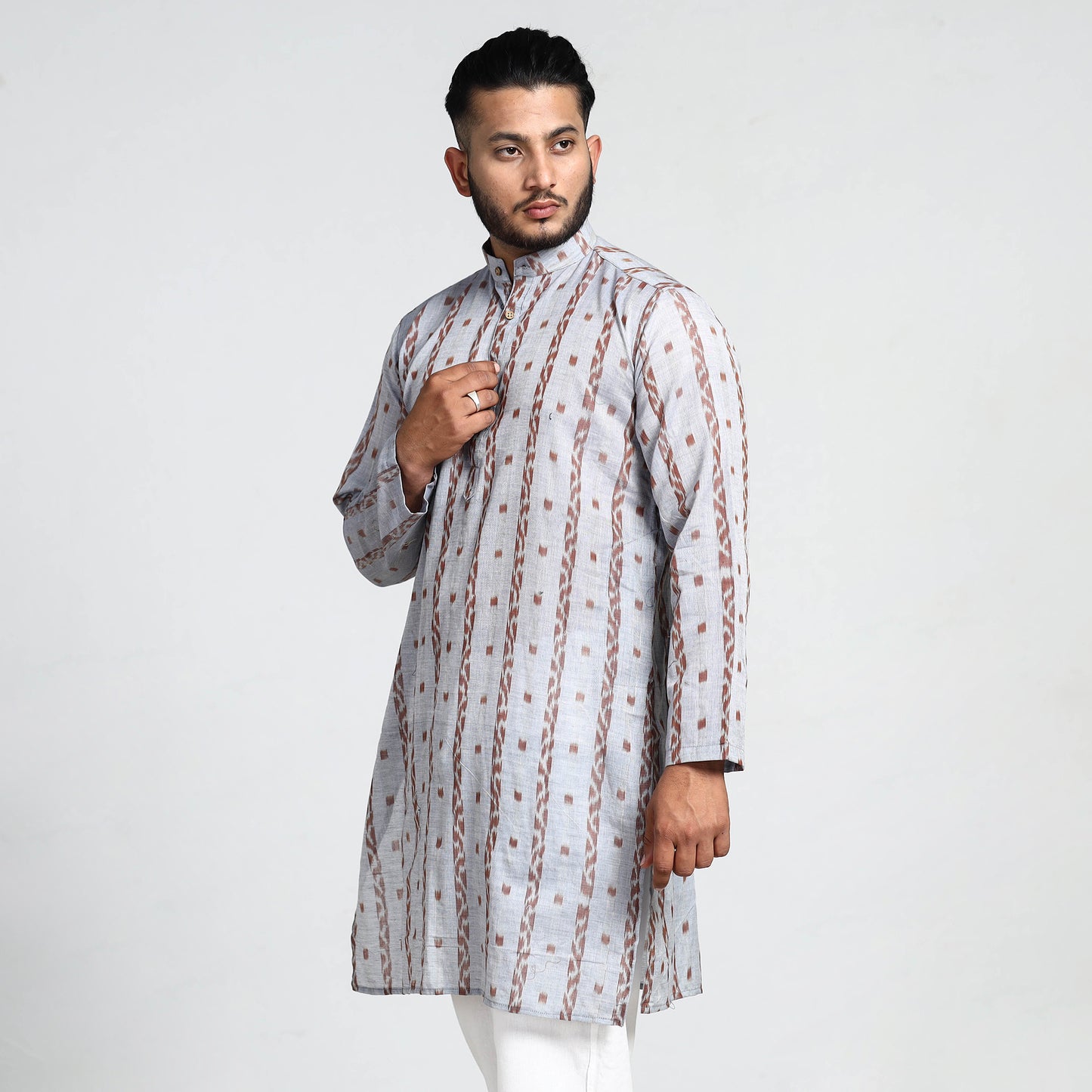 Light Grey - Sambalpuri Ikat Weave Cotton Men Long Kurta