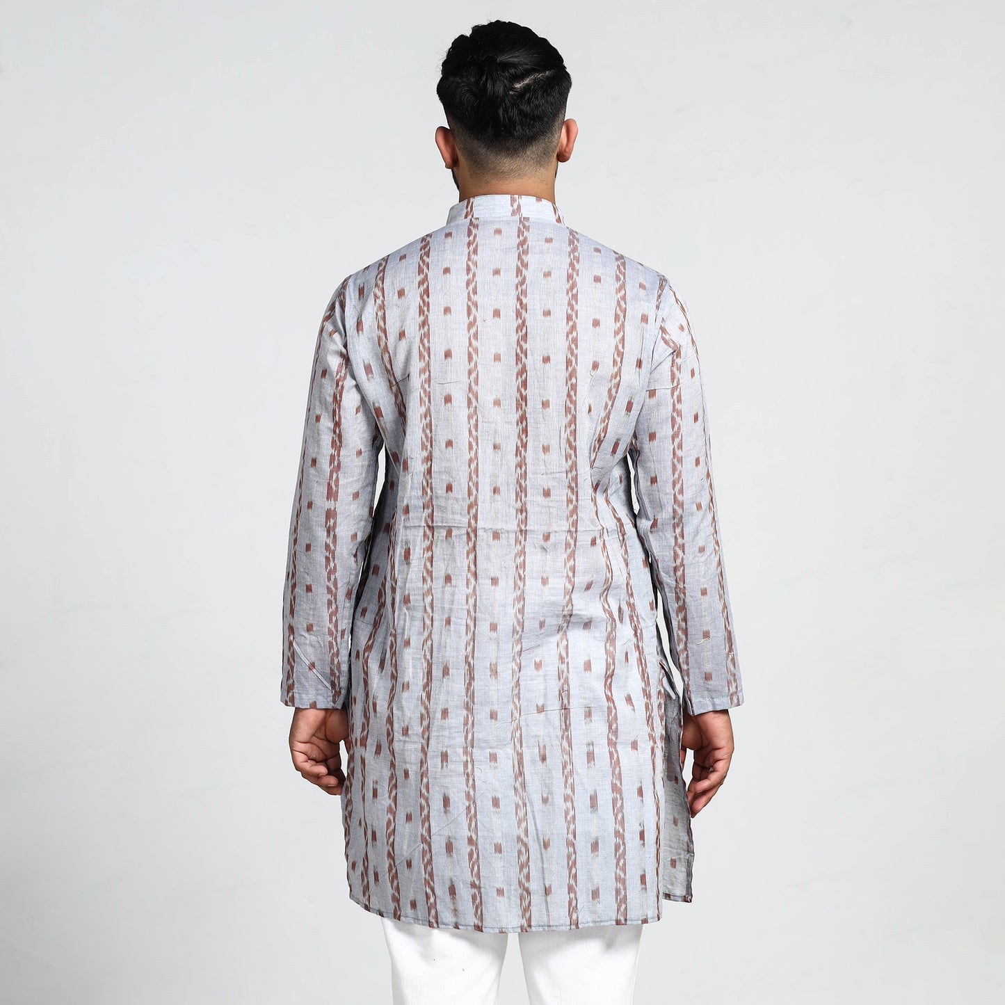 Light Grey - Sambalpuri Ikat Weave Cotton Men Long Kurta