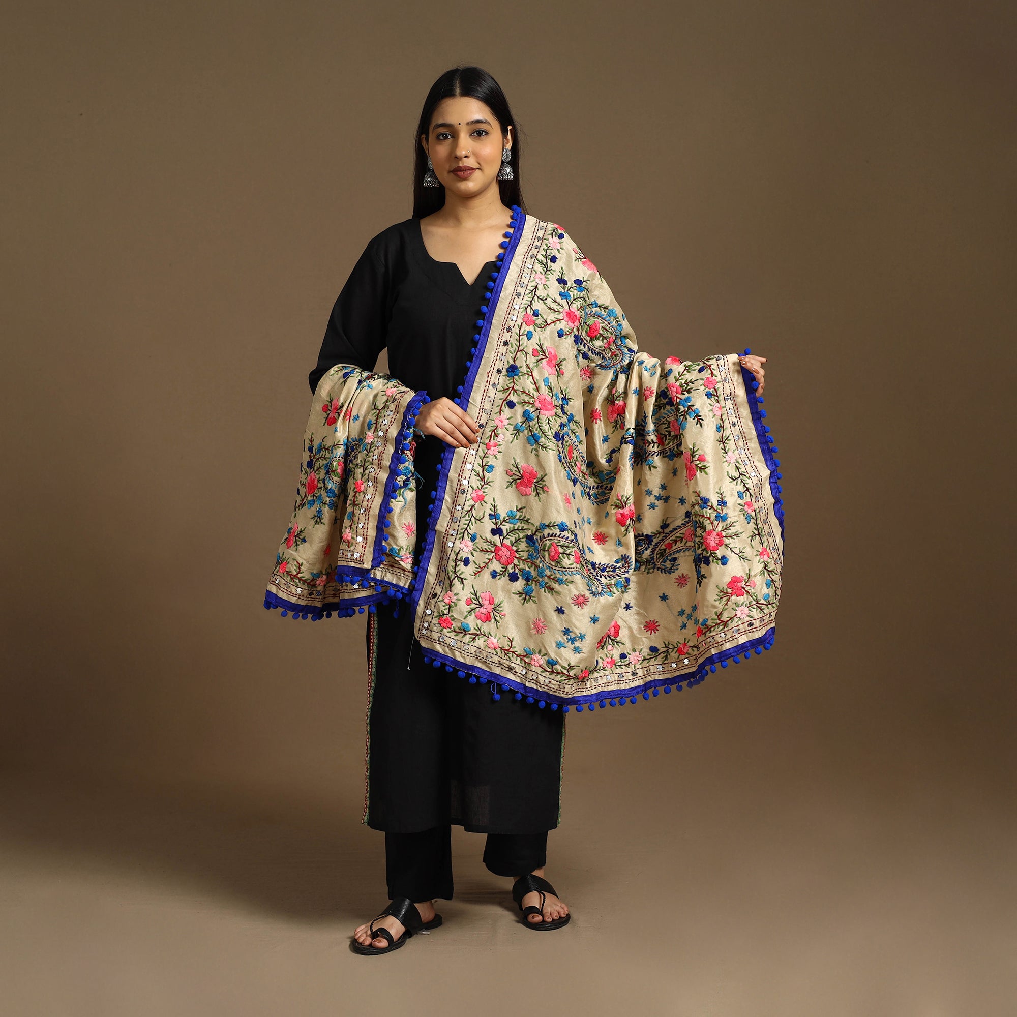 Beige - Ranihati Madhubani Chapa Work Chanderi Silk Hand Embroidery Dupatta 163