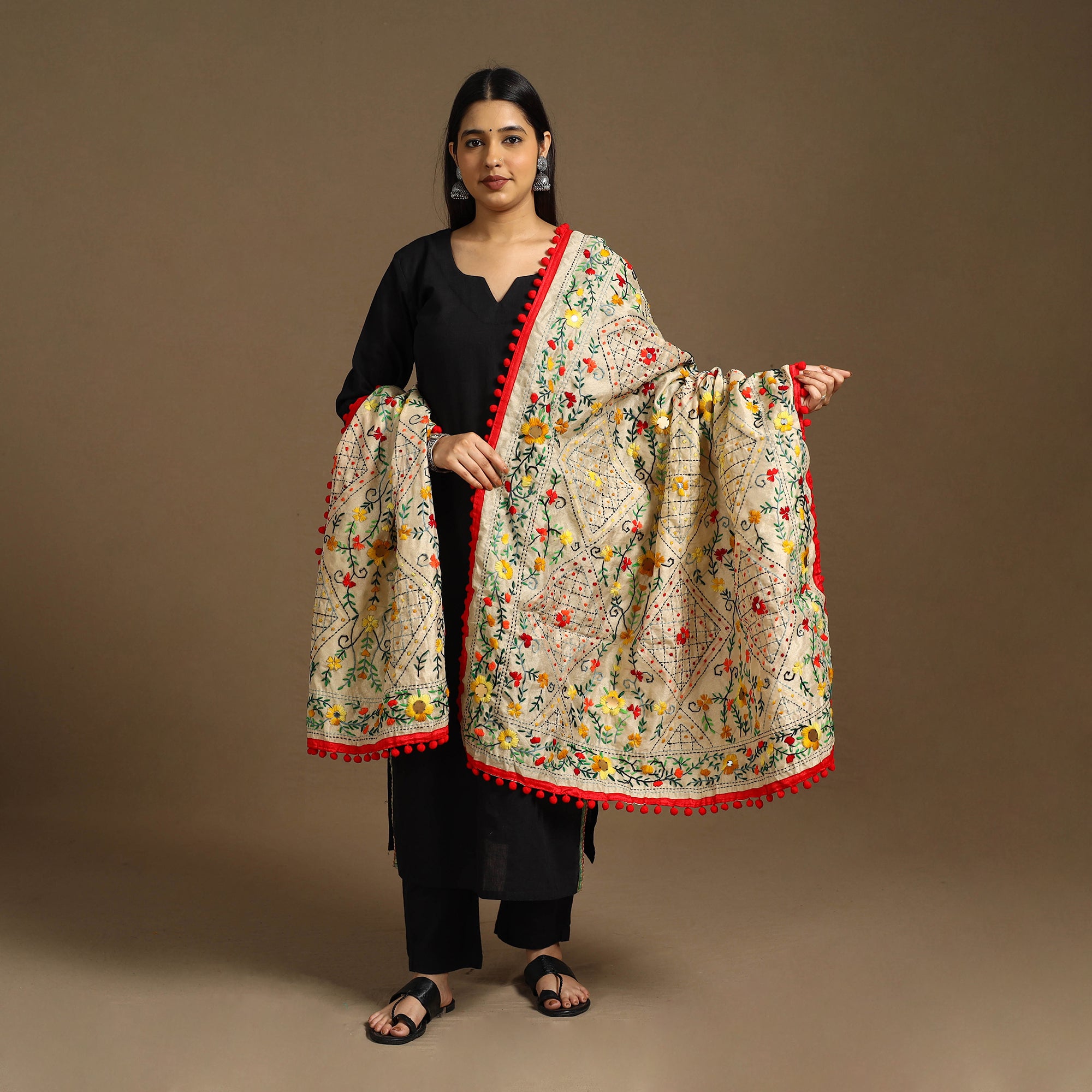 Beige - Ranihati Madhubani Chapa Work Chanderi Silk Hand Embroidery Dupatta 167