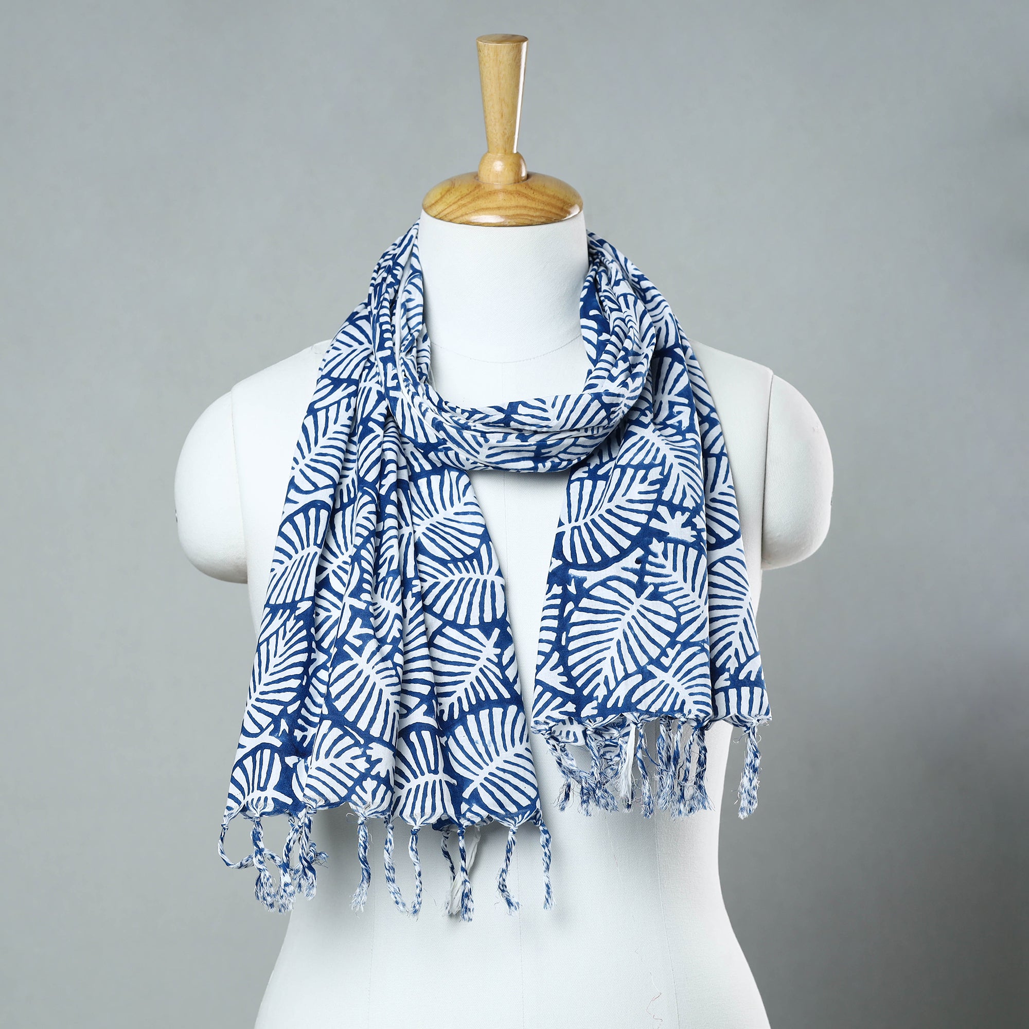 Blue - Sanganeri Block Printed Cotton Stole with Tassels 26