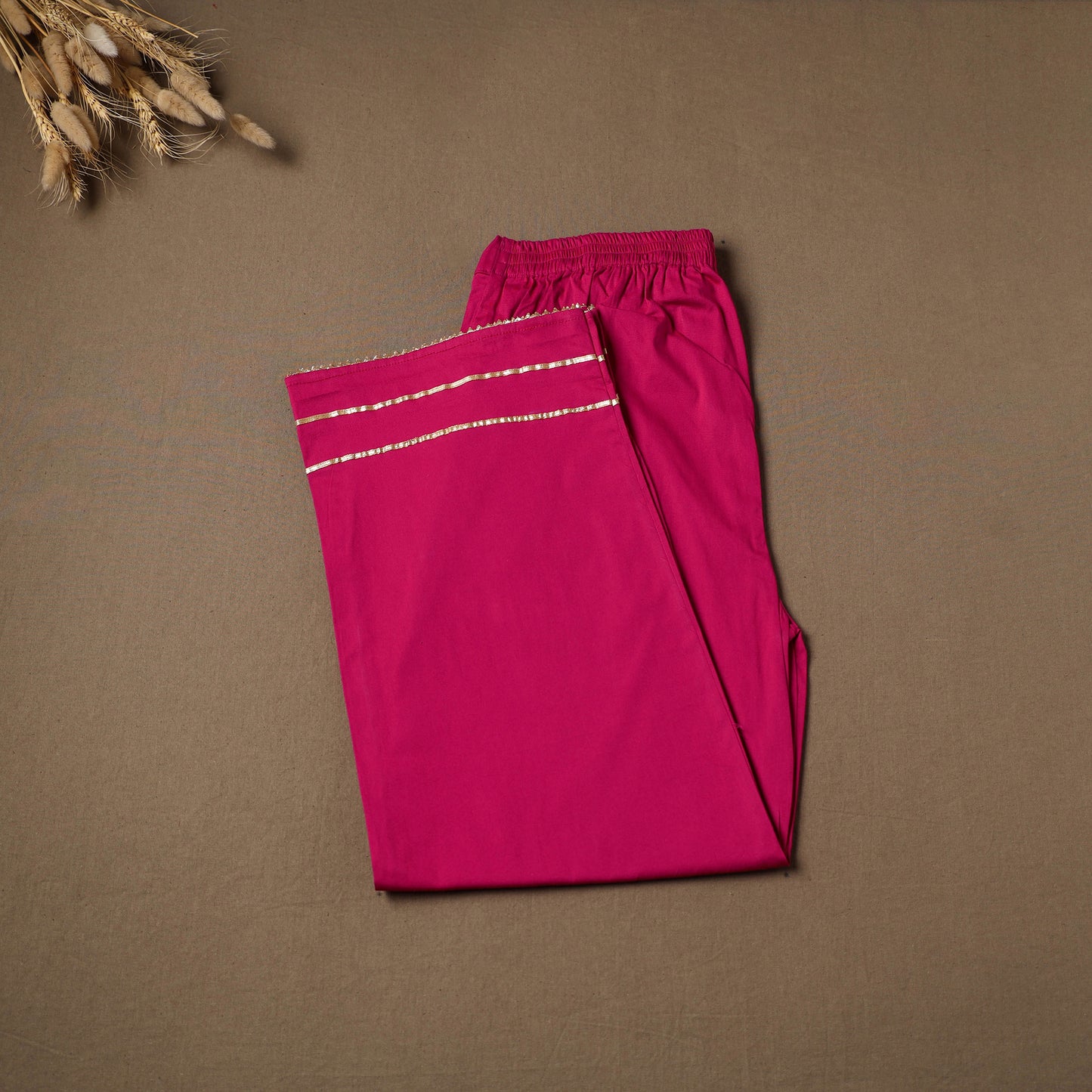 Pink - Gota Work Cotton Lycra Elasticated Plain Pant for Women 07
