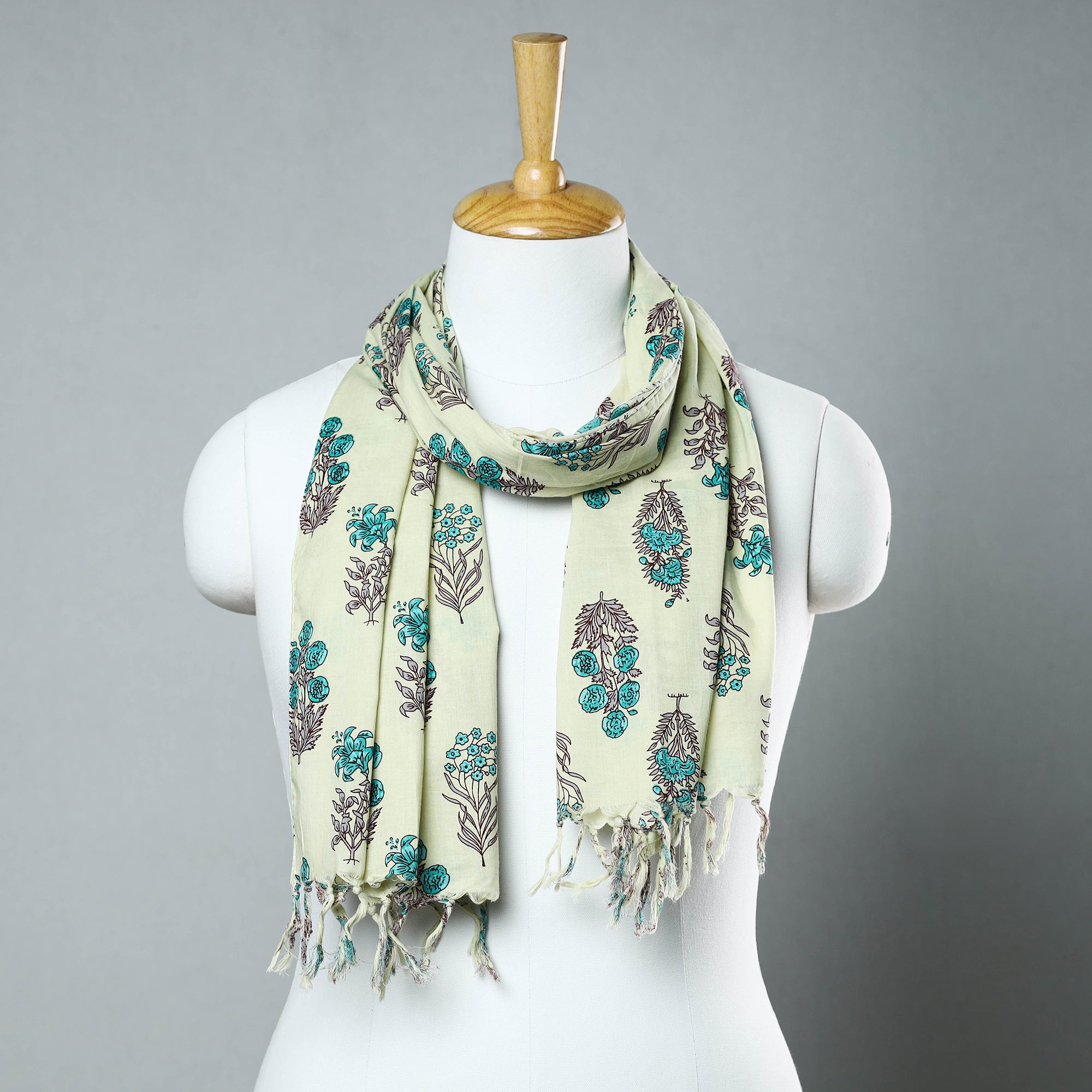 Green - Sanganeri Block Printed Cotton Stole with Tassels 42