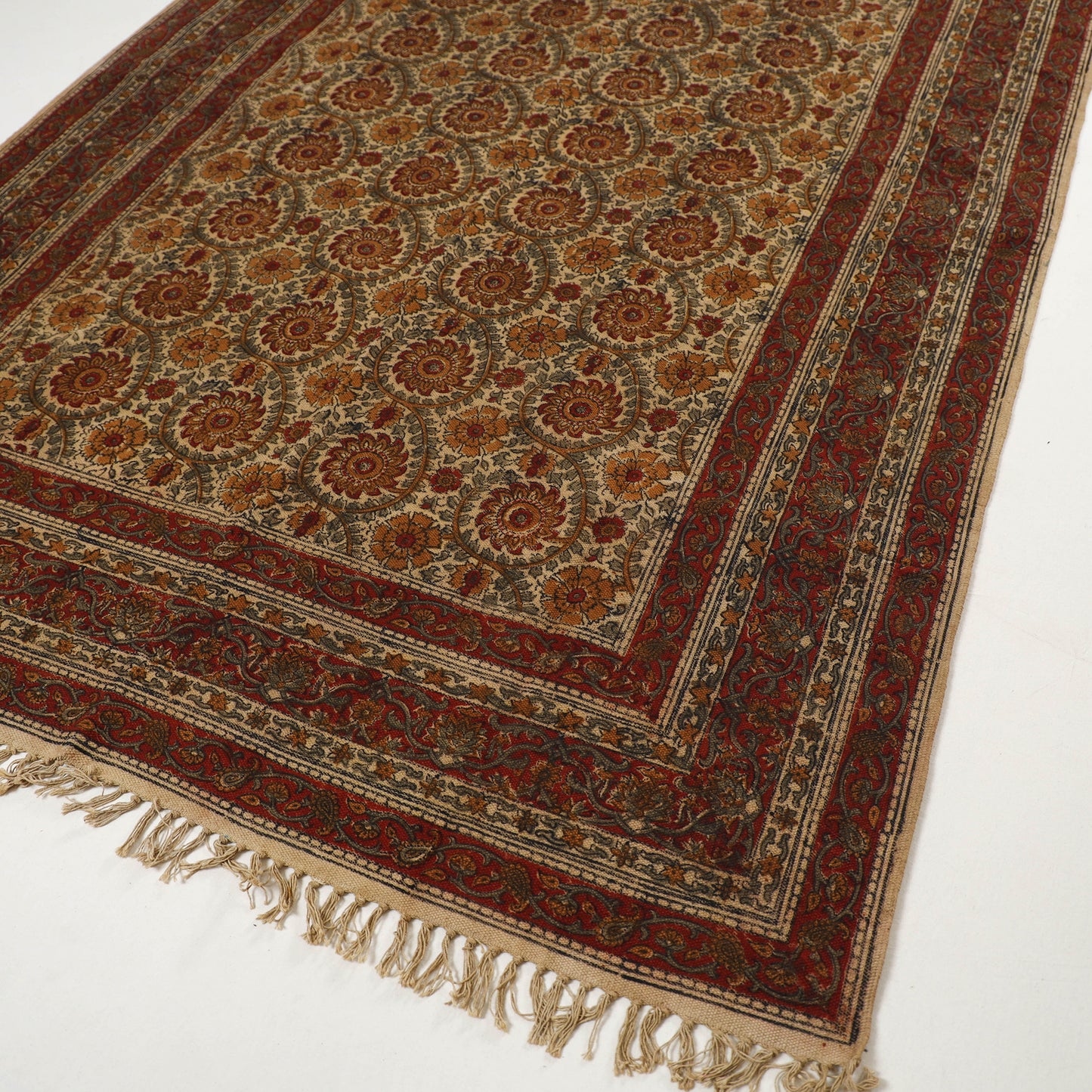 Beige - Warangal Handwoven Kalamkari Block Print Cotton Durrie / Carpet / Rug (5 x 7 Feet) 31
