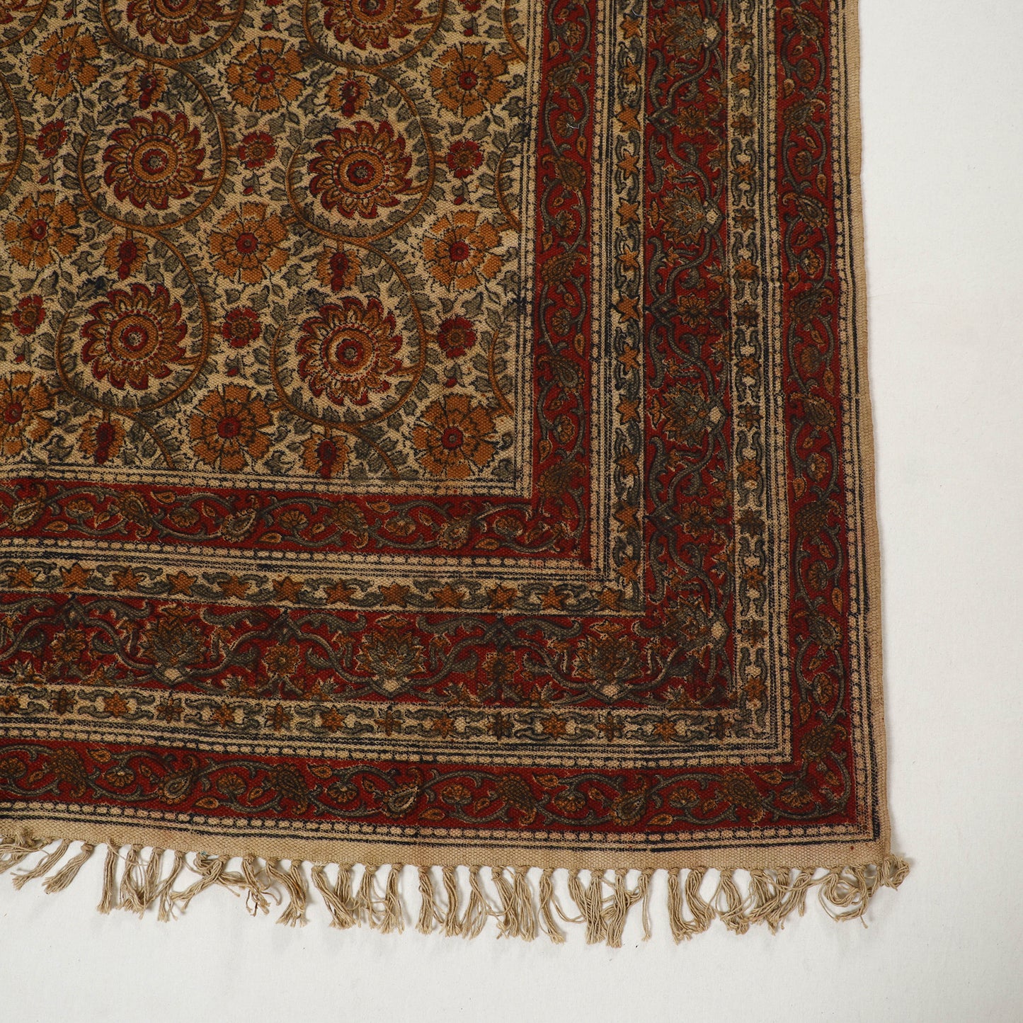Beige - Warangal Handwoven Kalamkari Block Print Cotton Durrie / Carpet / Rug (5 x 7 Feet) 31
