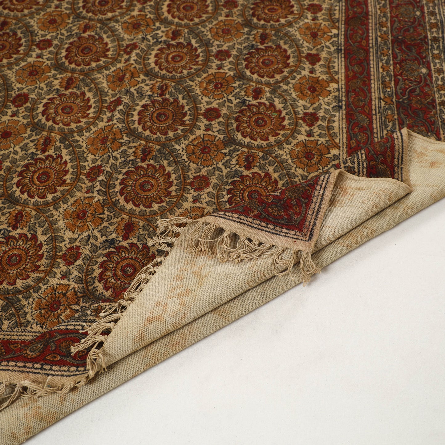 Beige - Warangal Handwoven Kalamkari Block Print Cotton Durrie / Carpet / Rug (5 x 7 Feet) 31