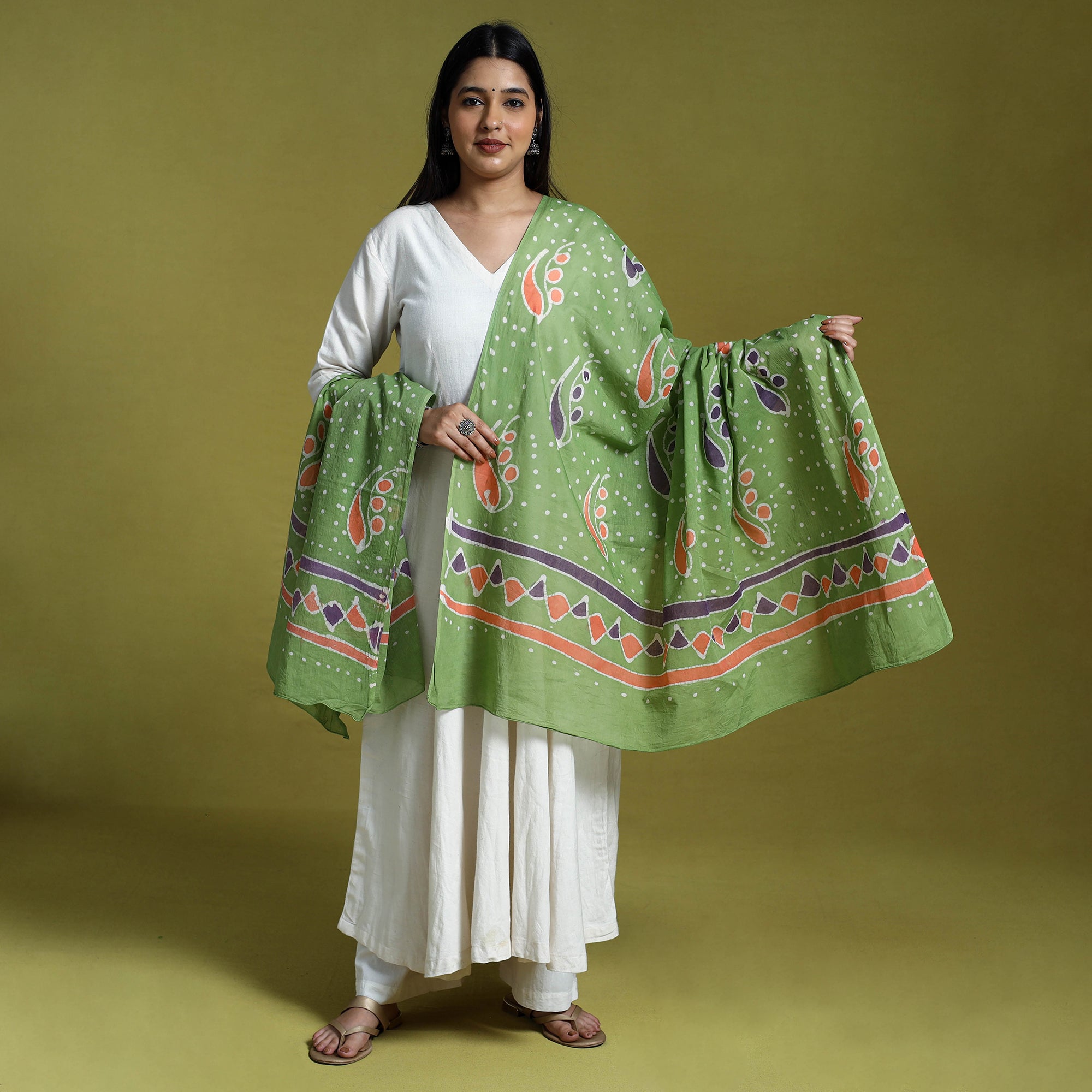 Green - Cotton Hand Batik Print Dupatta 49