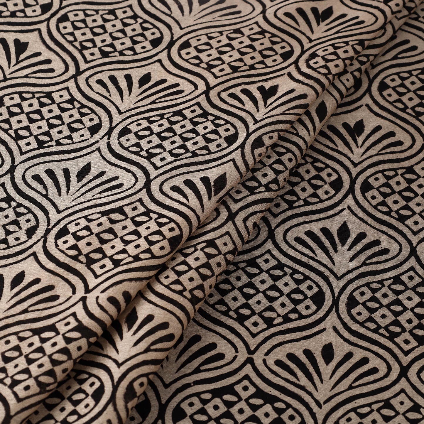 Hand Block Print Chanderi Silk Beige Bagru Fabric