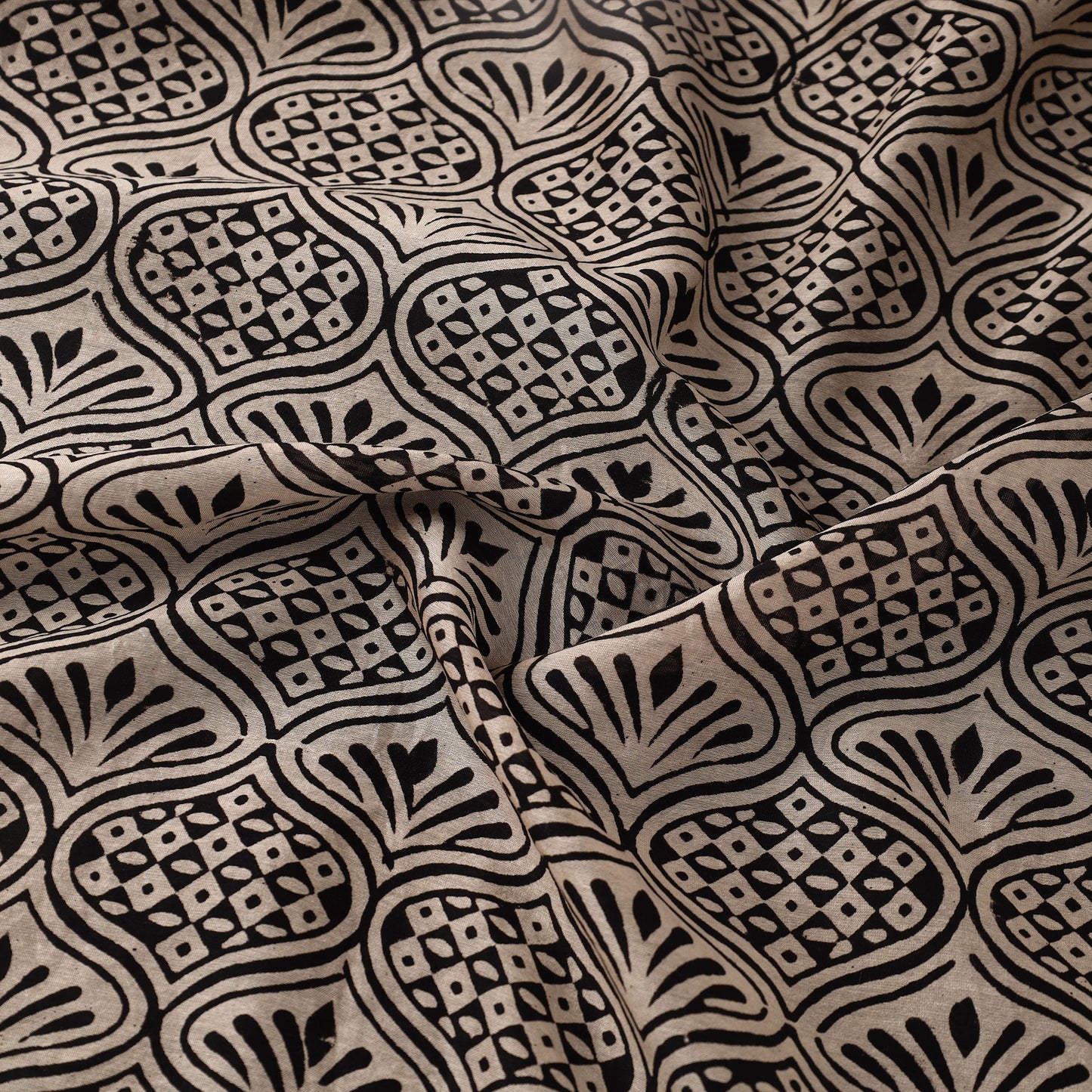 Hand Block Print Chanderi Silk Beige Bagru Fabric