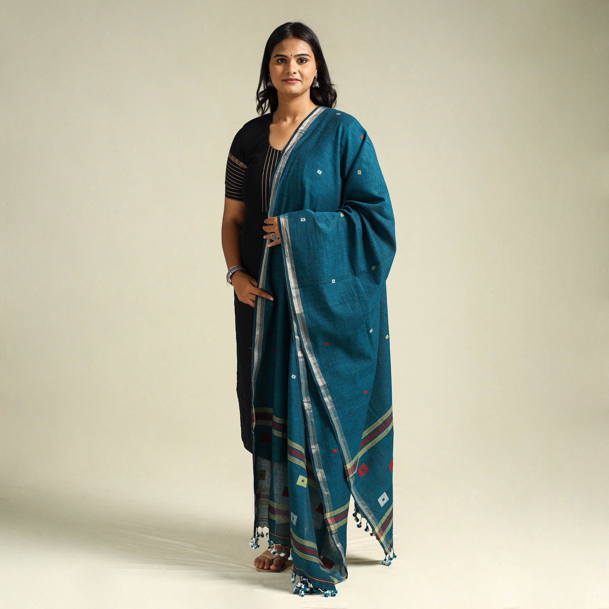 Green - Handloom Cotton Burdwan Jamdani Dupatta 05