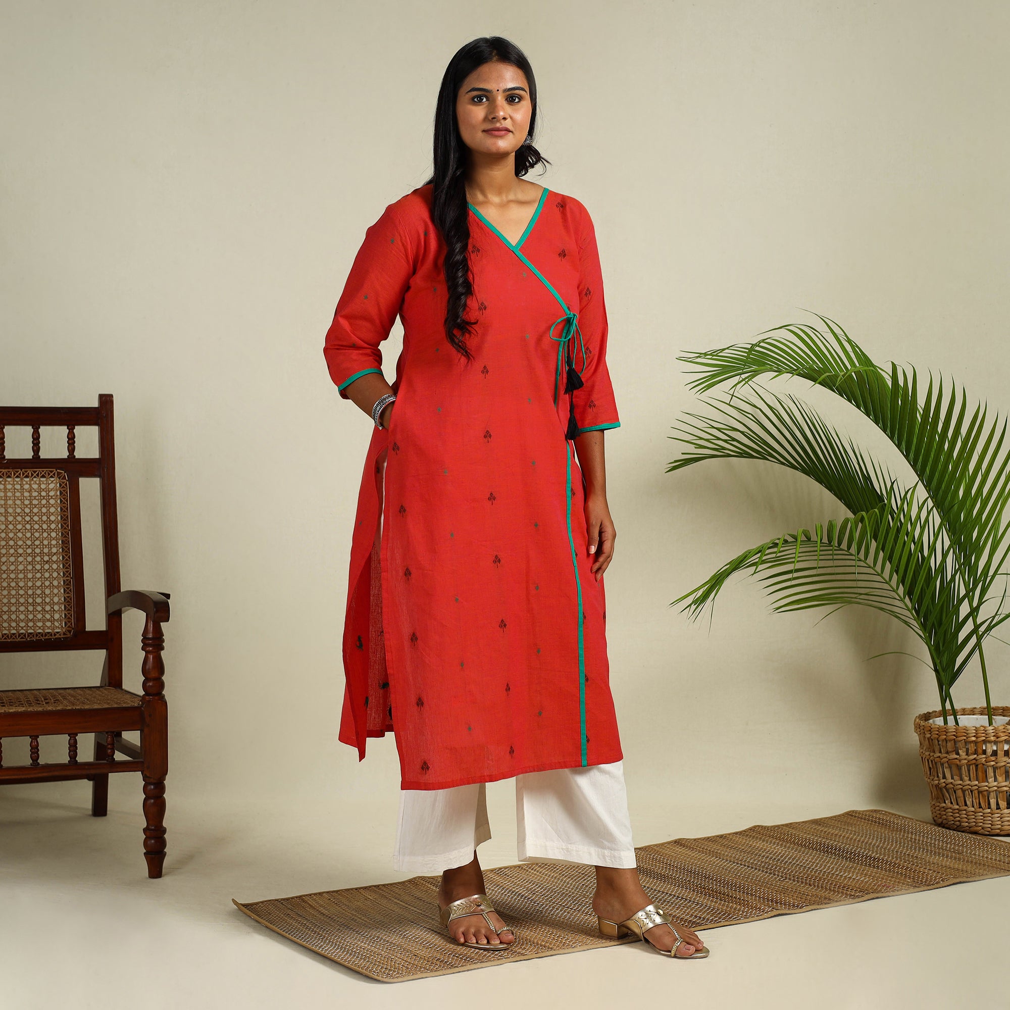 Red - Angarkha Straight Cotton Jacquard Kurta 02