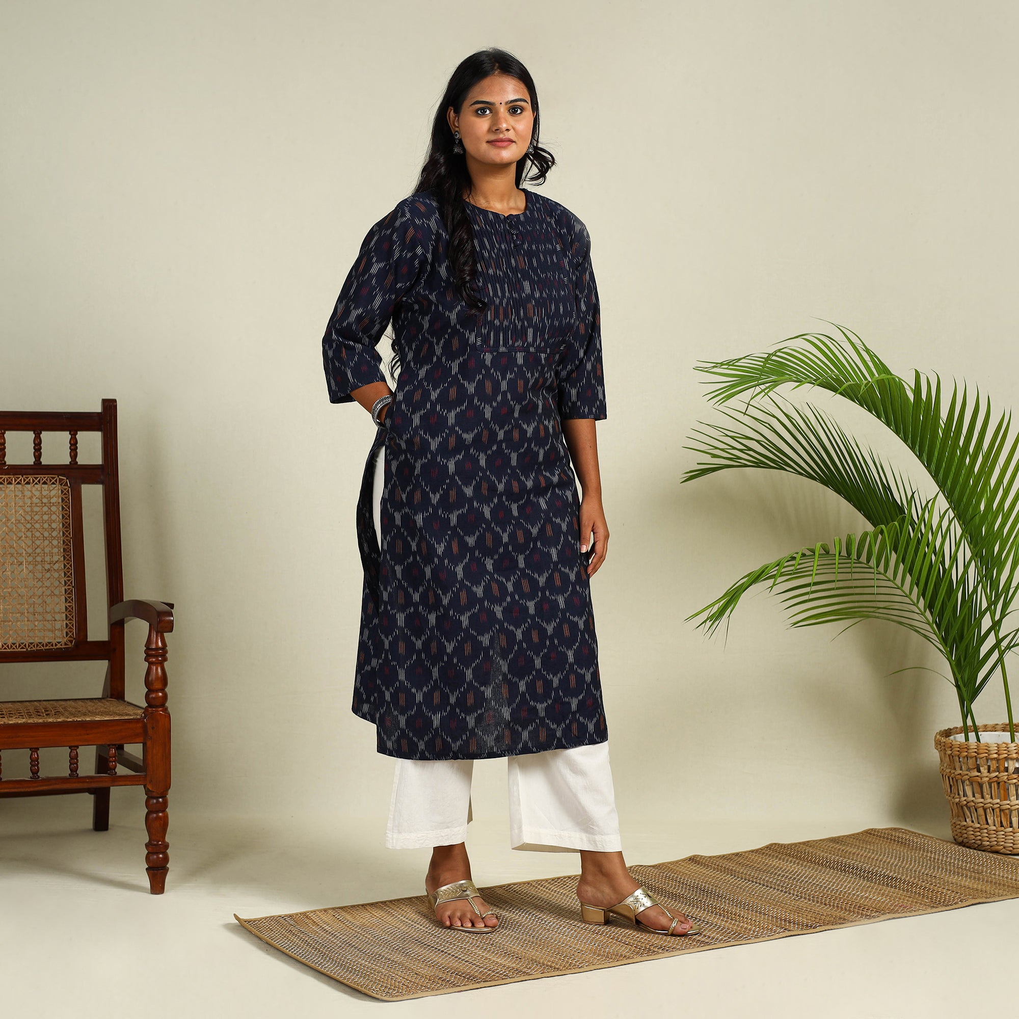 Blue - Cotton Pintuck Straight Pochampally Ikat Kurta 01