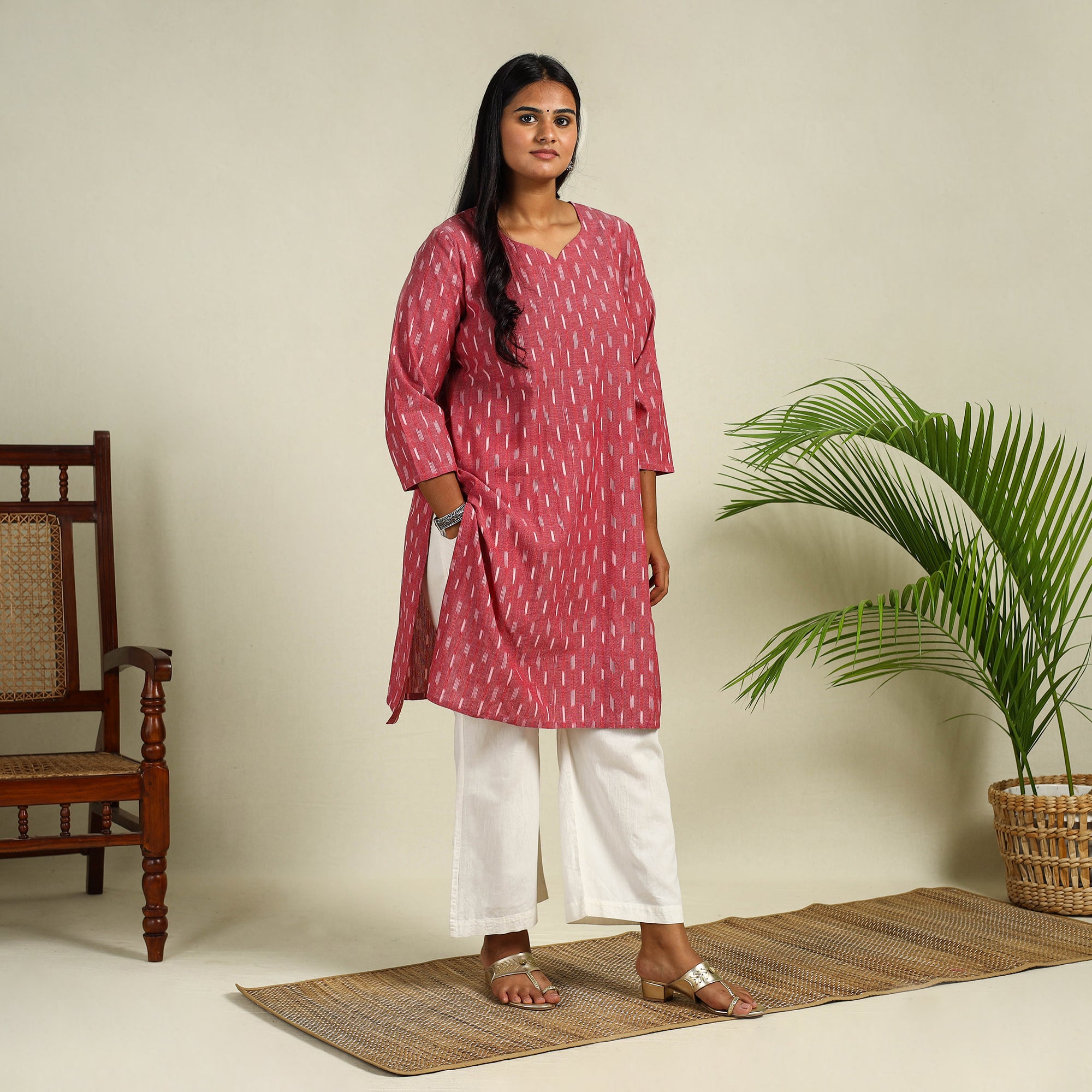 Pink - Cotton Straight Pochampally Ikat Kurta 12