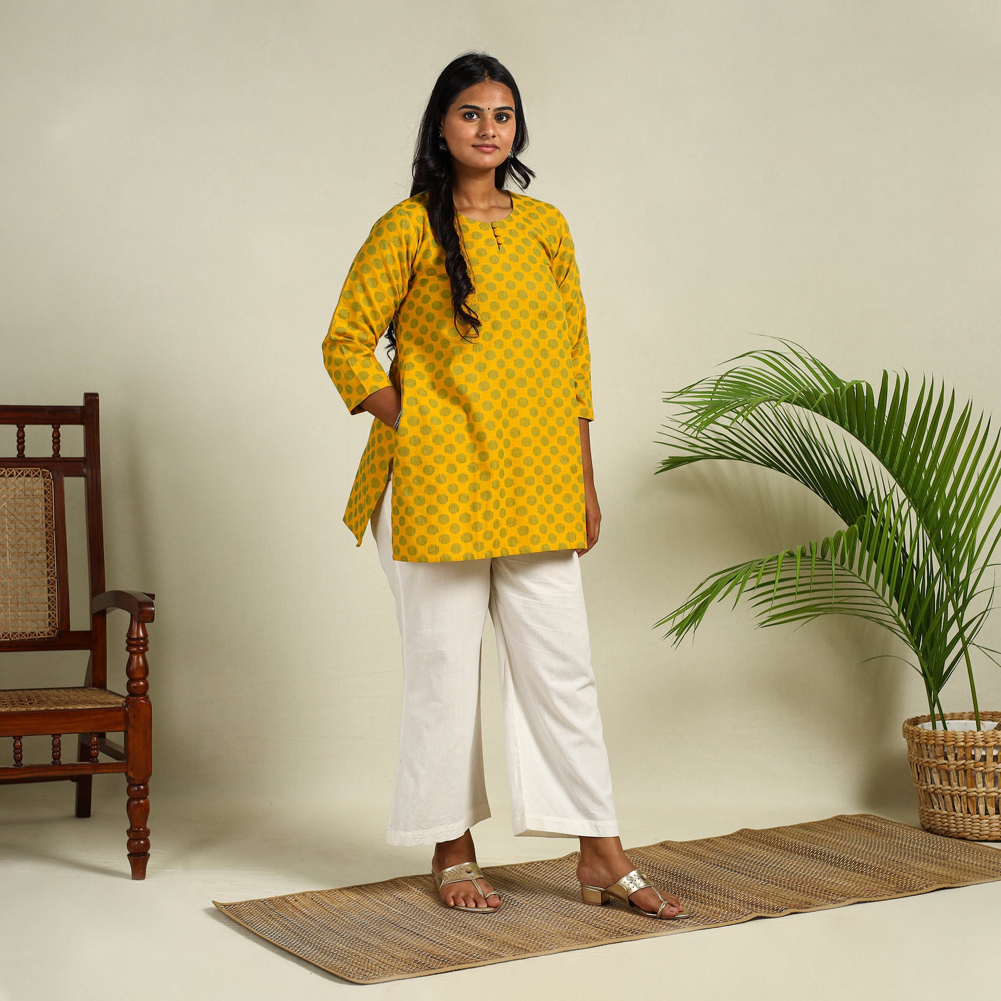 Yellow - Short Cotton Jacquard Kurta 07