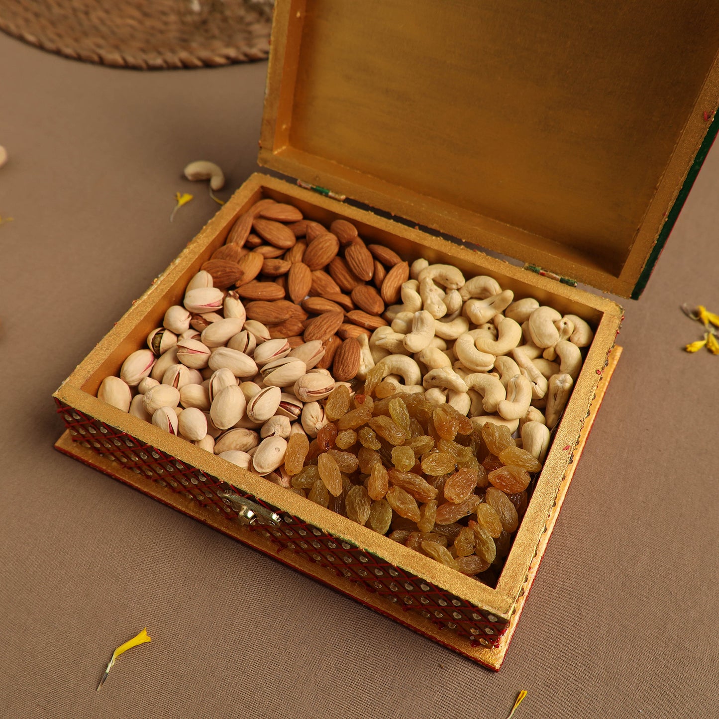 Diwali Decor Yellow Handpainted Wooden Dry Fruit Box