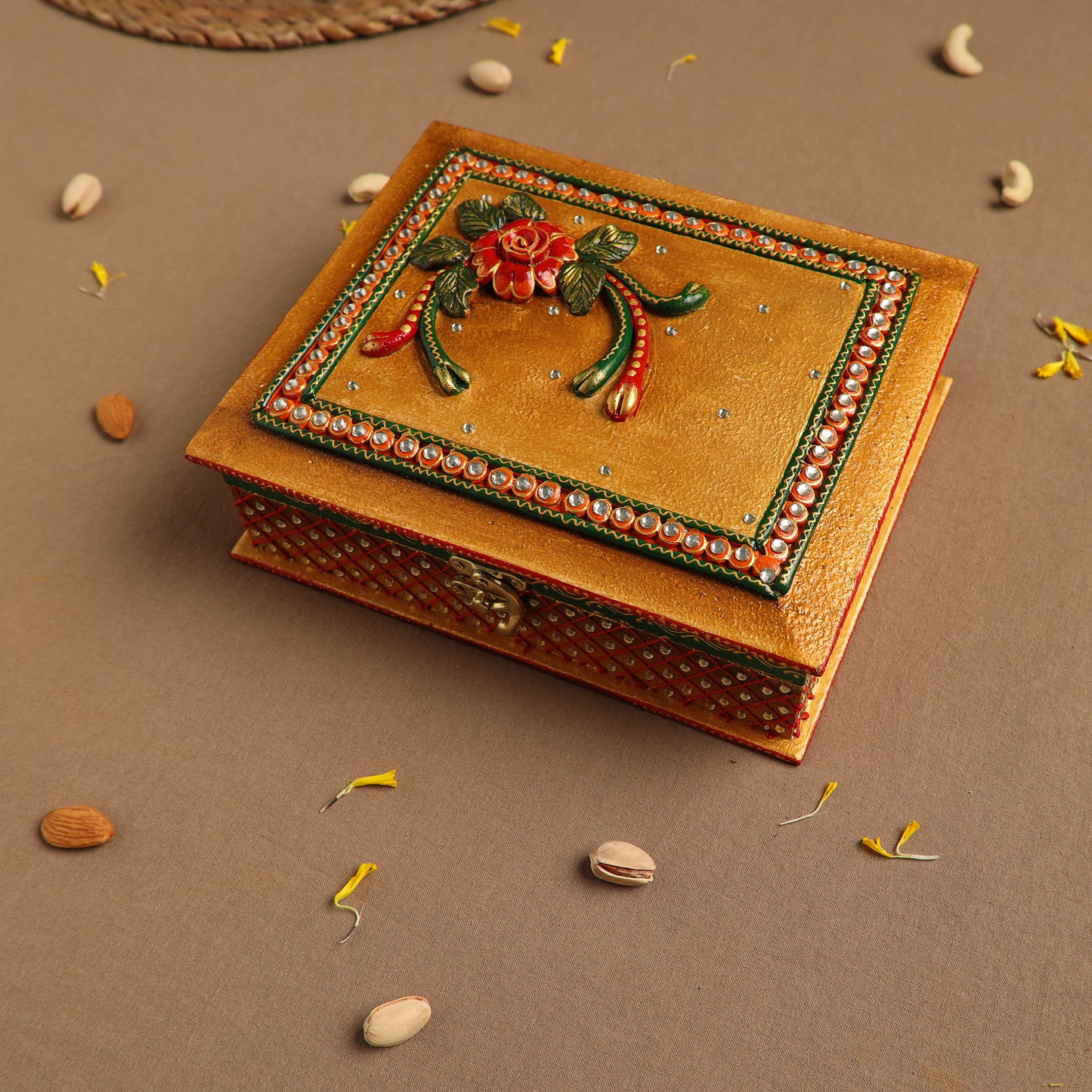 Diwali Decor Yellow Handpainted Wooden Dry Fruit Box